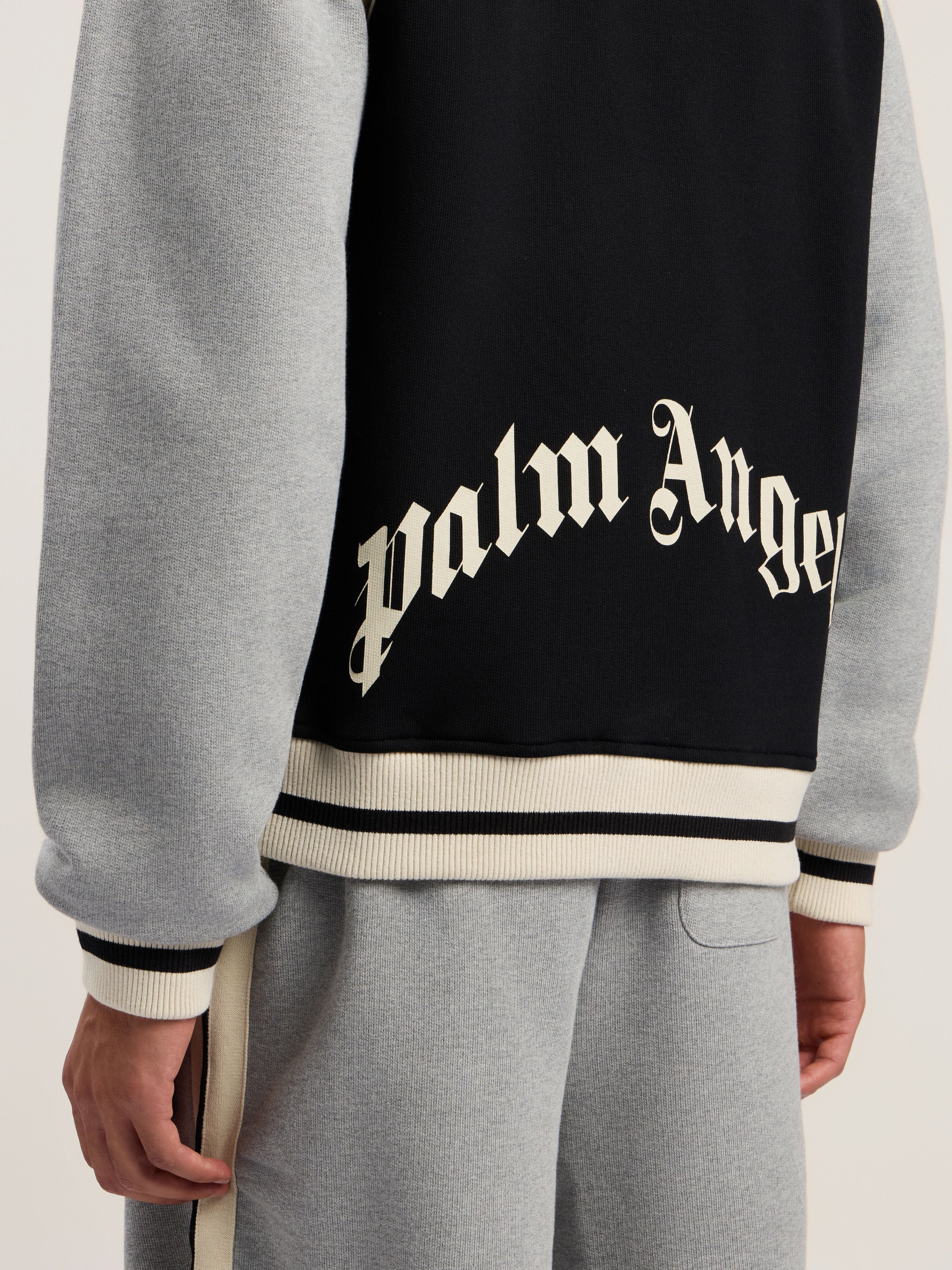 PALM ANGELS Curved Logo Varsity Jacket BLACK - GREY MELANGE PMEK013F25FLE001