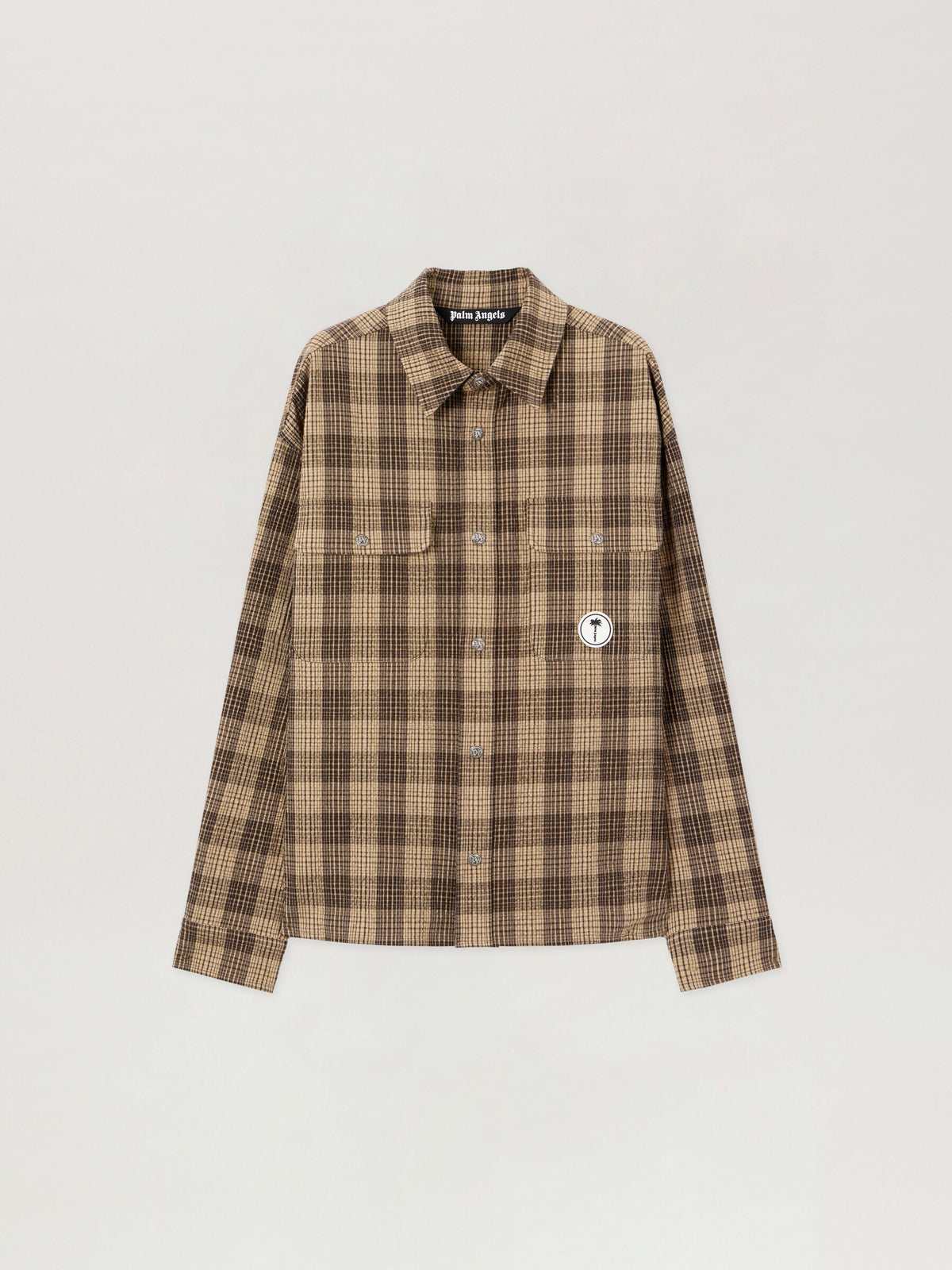 PALM ANGELS Tree Logo Check Loose Overshirt BROWN OFF WHITE PMES024S26FAB002
