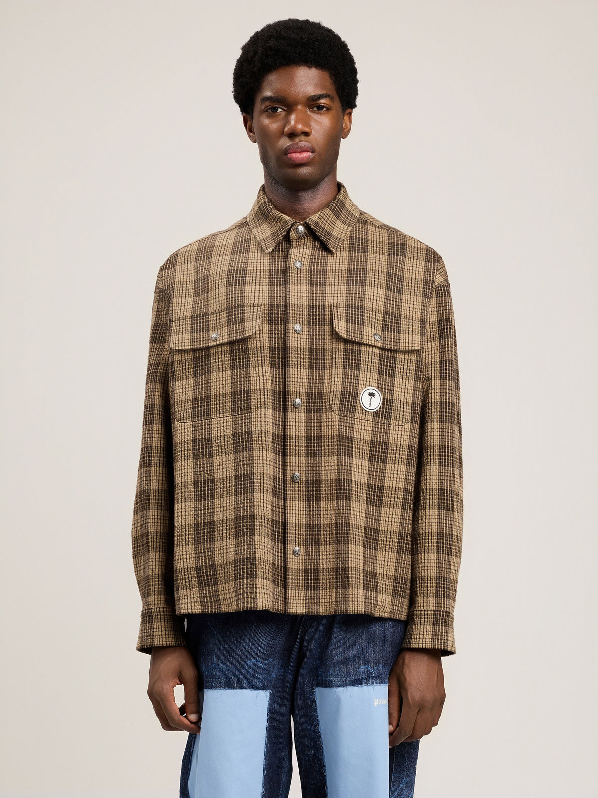 PALM ANGELS Tree Logo Check Loose Overshirt BROWN OFF WHITE PMES024S26FAB002