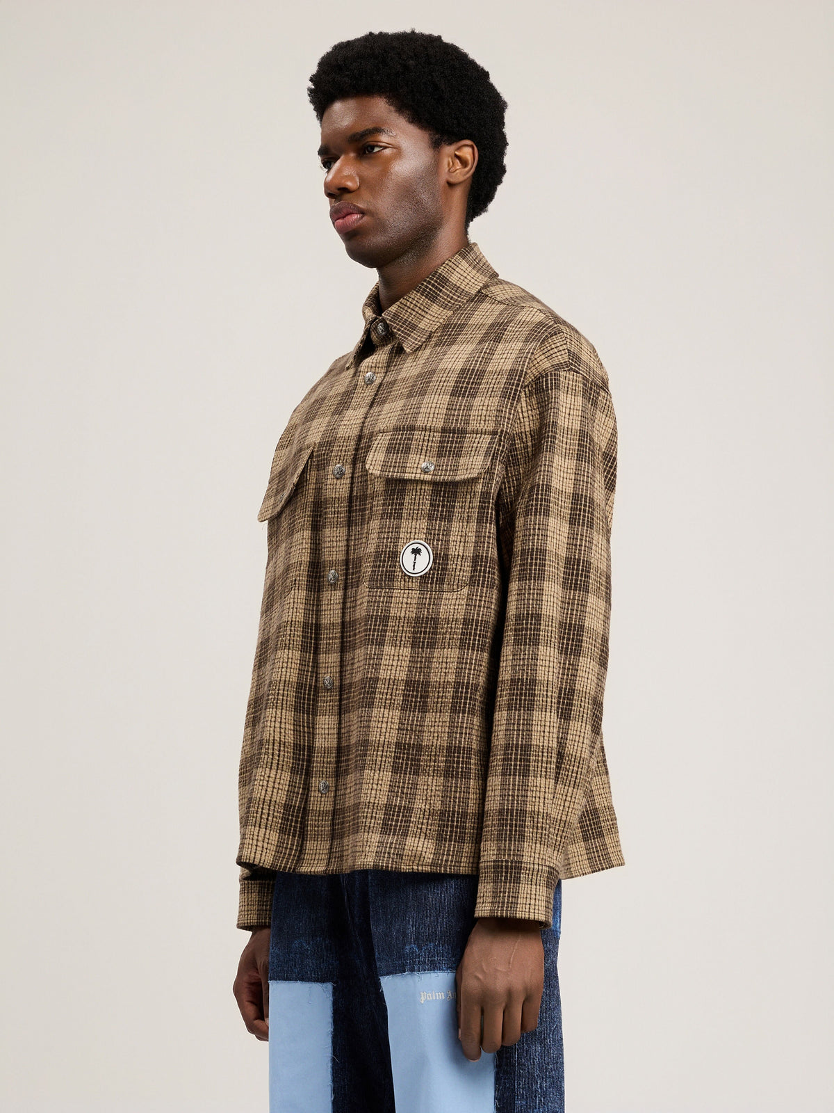 PALM ANGELS Tree Logo Check Loose Overshirt BROWN OFF WHITE PMES024S26FAB002