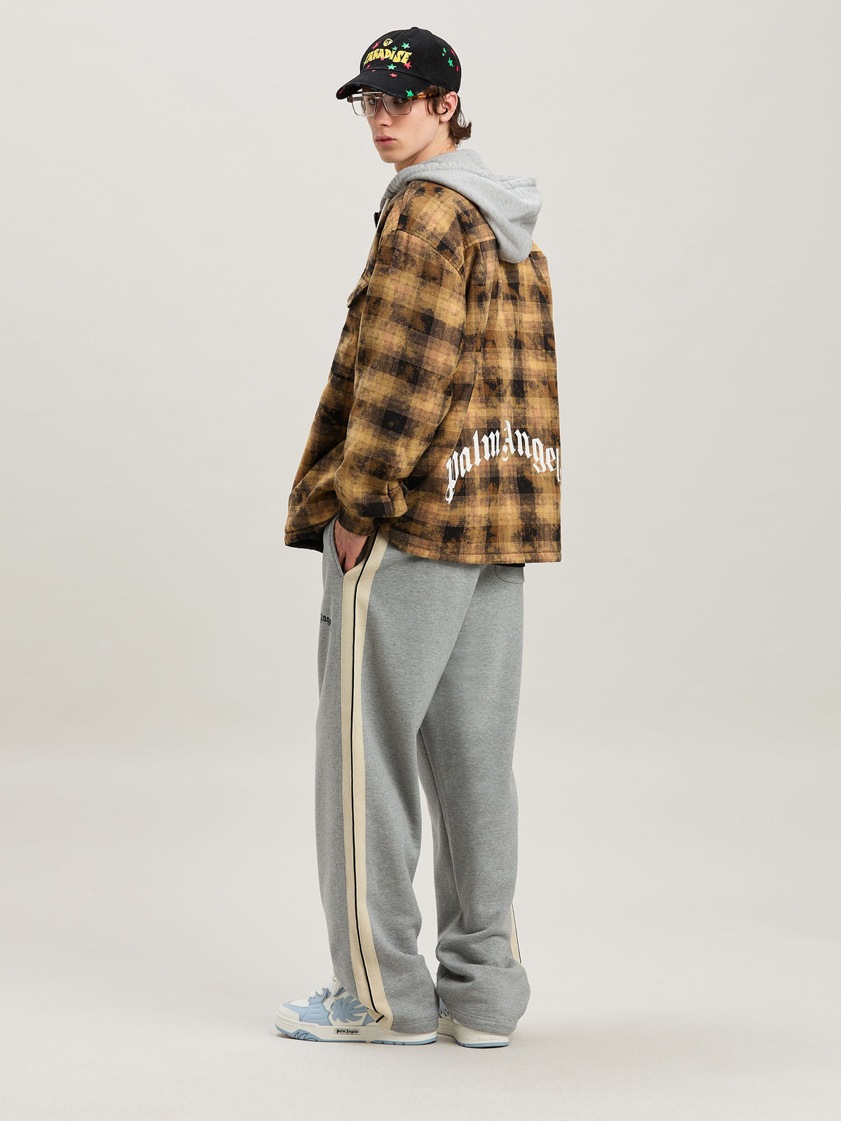 PALM ANGELS  CURVED LOGO CHECK OVERSHIRT BROWN - OFF BROWN - OFF WHITE PMES038S25FAB001