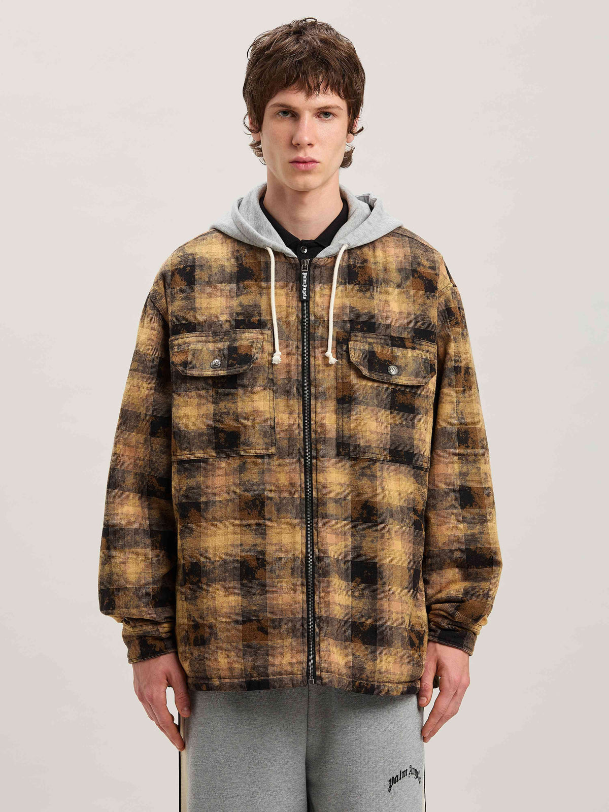 PALM ANGELS  CURVED LOGO CHECK OVERSHIRT BROWN - OFF BROWN - OFF WHITE PMES038S25FAB001
