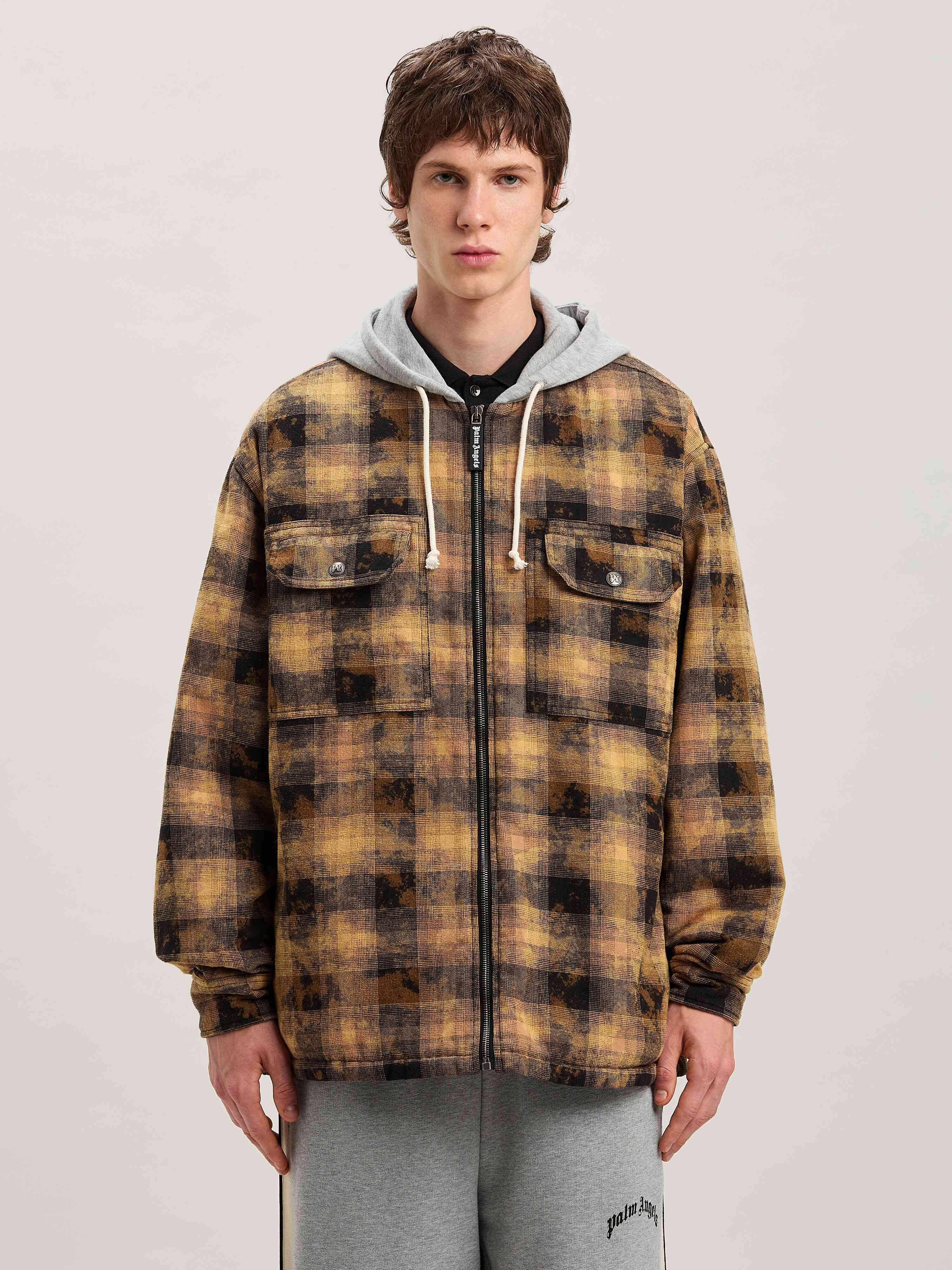 PALM ANGELS  CURVED LOGO CHECK OVERSHIRT BROWN - OFF BROWN - OFF WHITE PMES038S25FAB001