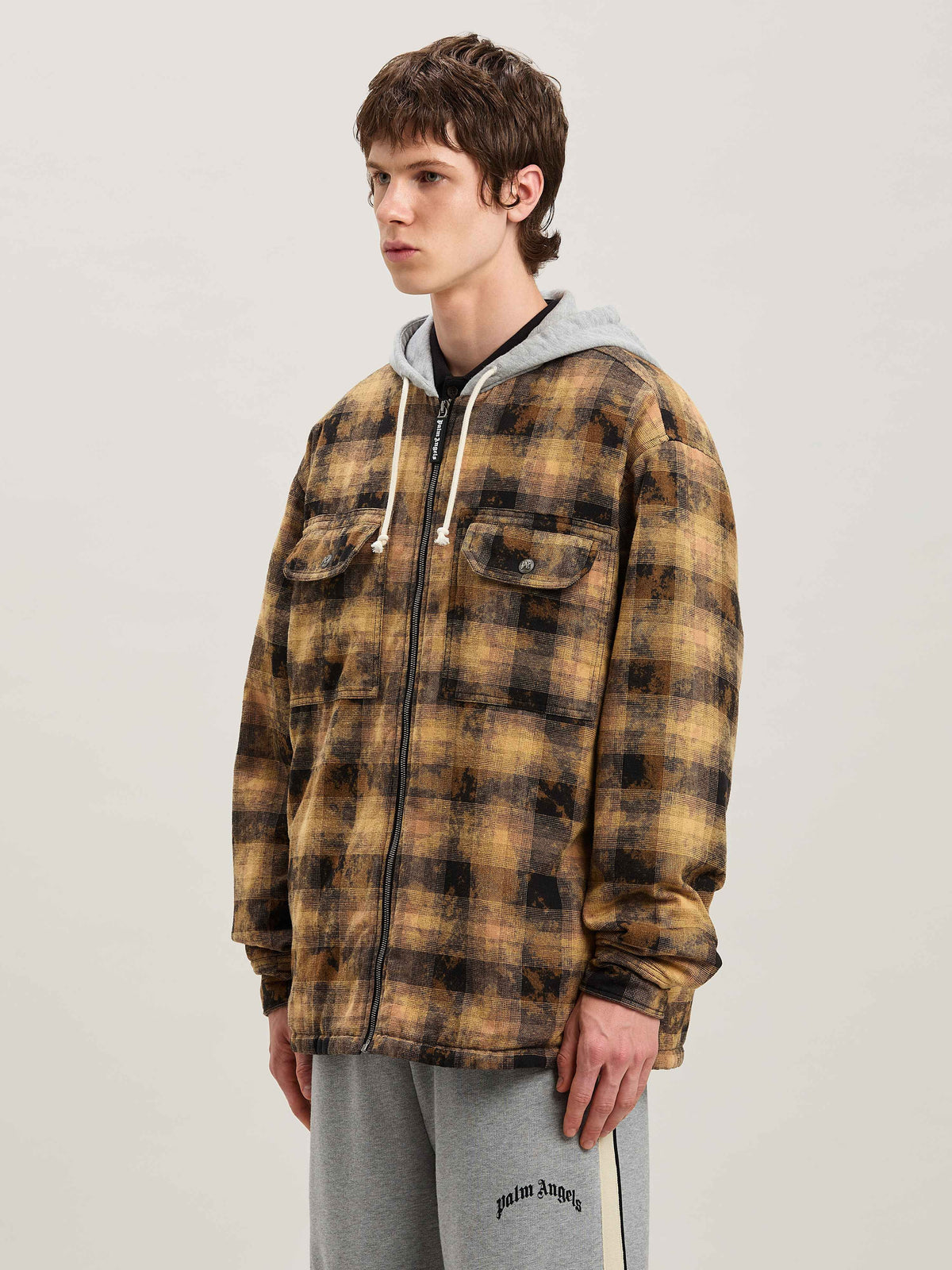 PALM ANGELS  CURVED LOGO CHECK OVERSHIRT BROWN - OFF BROWN - OFF WHITE PMES038S25FAB001