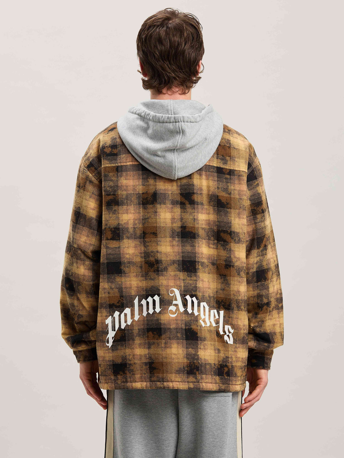 PALM ANGELS  CURVED LOGO CHECK OVERSHIRT BROWN - OFF BROWN - OFF WHITE PMES038S25FAB001