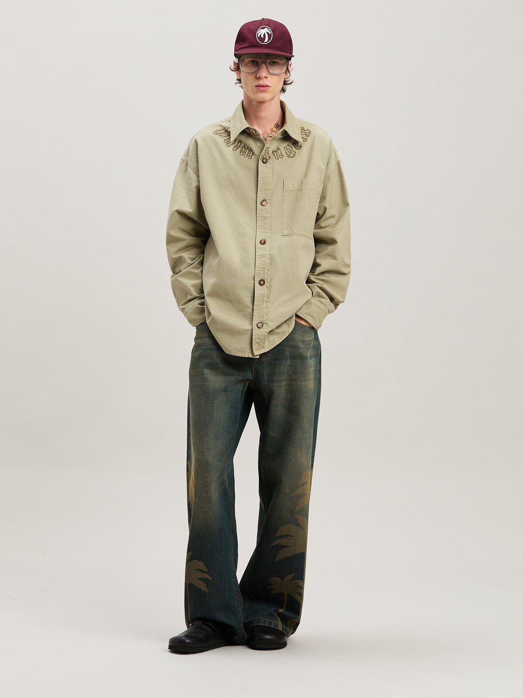 PALM ANGELS  CAMEL FLAME LOGO OVERSHIRT CAMEL - CAMEL PMES043S25FAB001