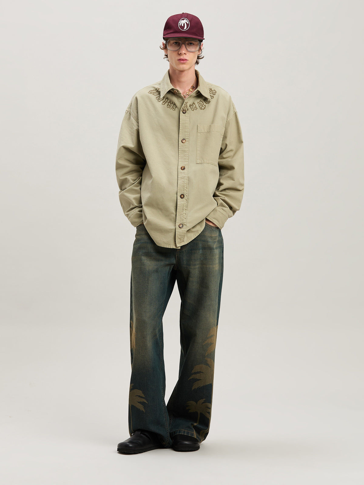 PALM ANGELS  CAMEL FLAME LOGO OVERSHIRT CAMEL - CAMEL PMES043S25FAB001