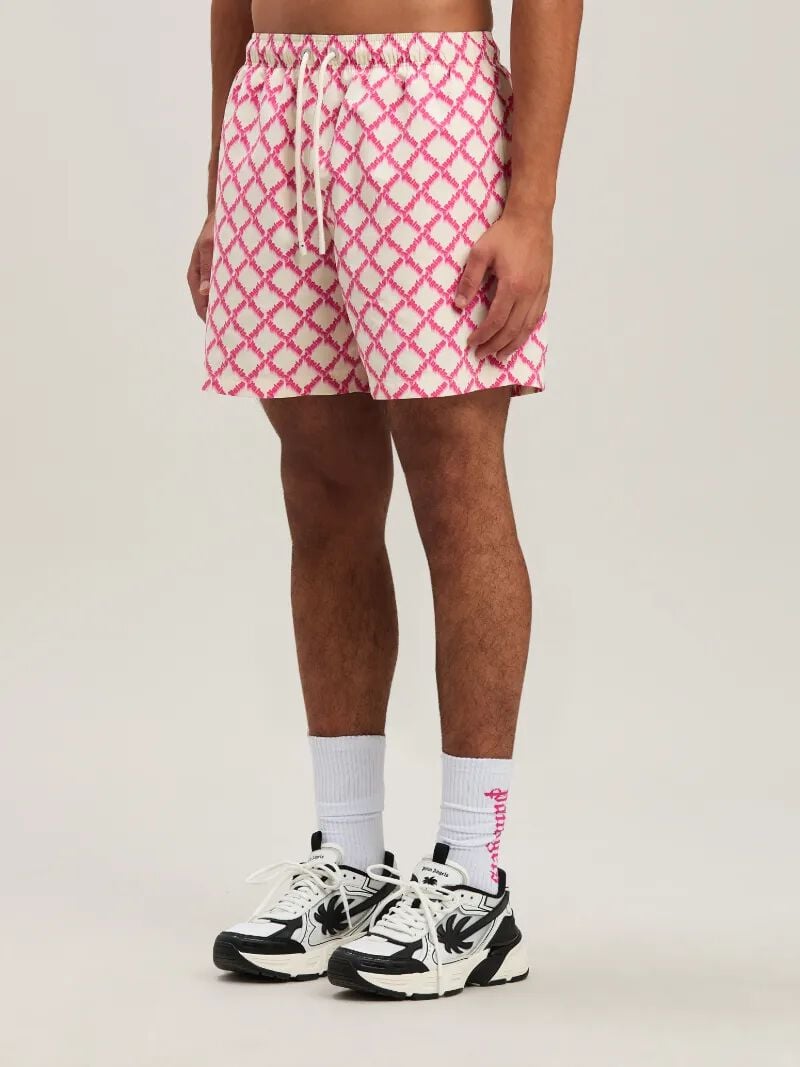 PALM ANGELS  NET LOGO SWIMSHORTS IVORY - FUCHSIA PMFD012S25FAB003