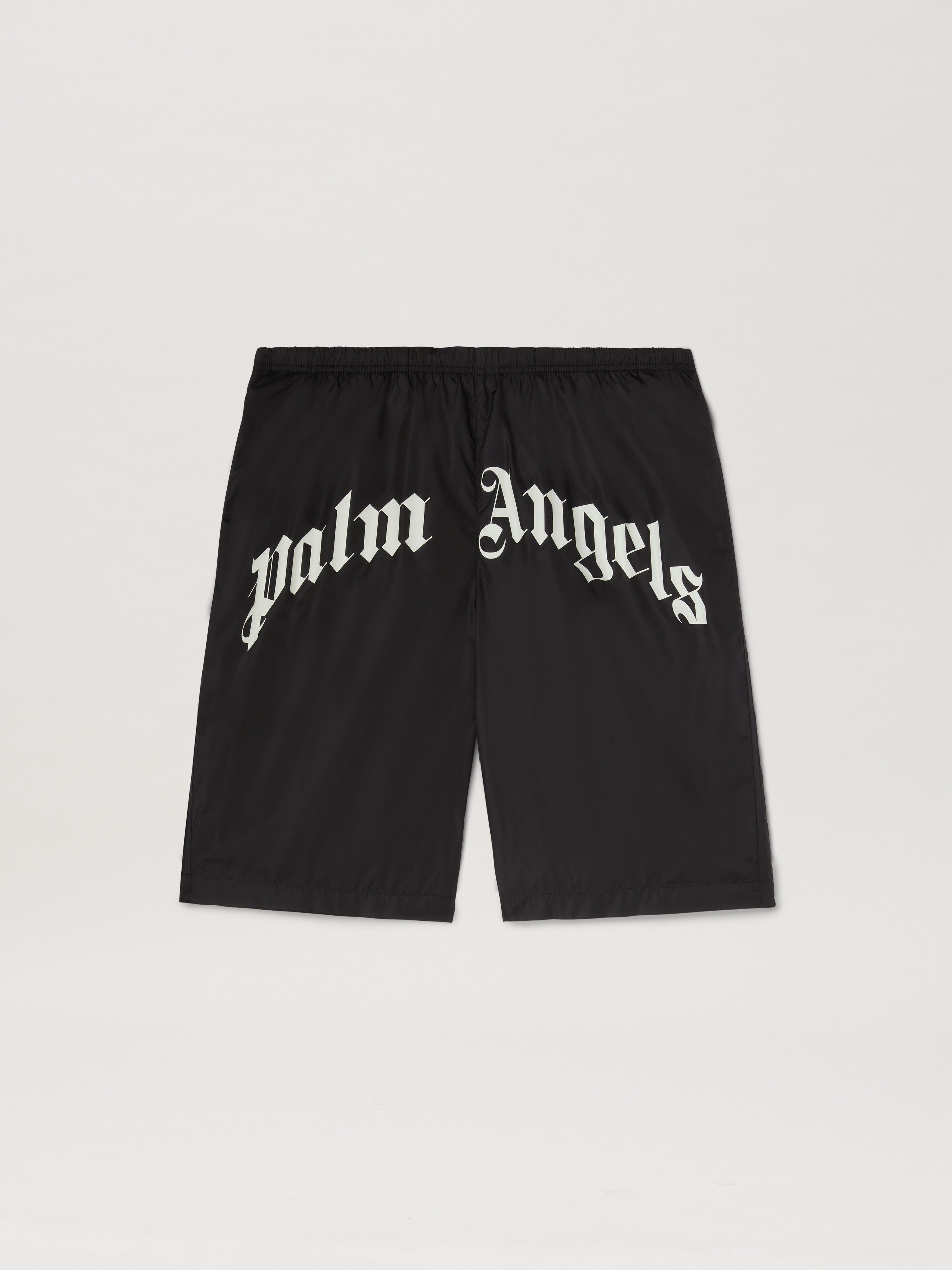 PALM ANGELS  CURVED LOGO SWIMSHORTS BLACK - OFF WHITE PMFD018S25FAB001