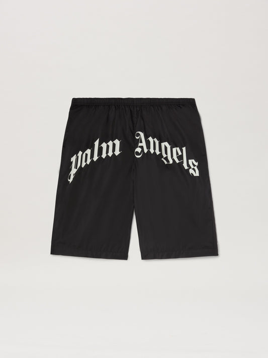 PALM ANGELS  CURVED LOGO SWIMSHORTS BLACK - OFF WHITE PMFD018S25FAB001