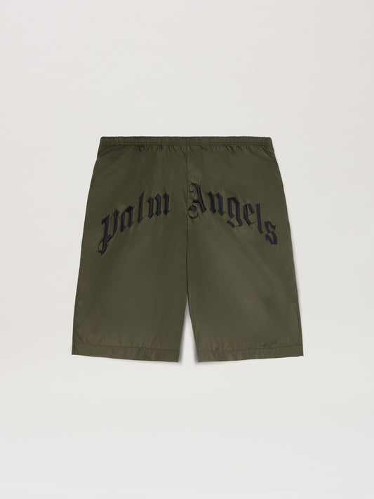 PALM ANGELS  CURVED LOGO SWIMSHORTS MILITARY GREEN - MILITARY GREEN - BLACK PMFD018S25FAB001