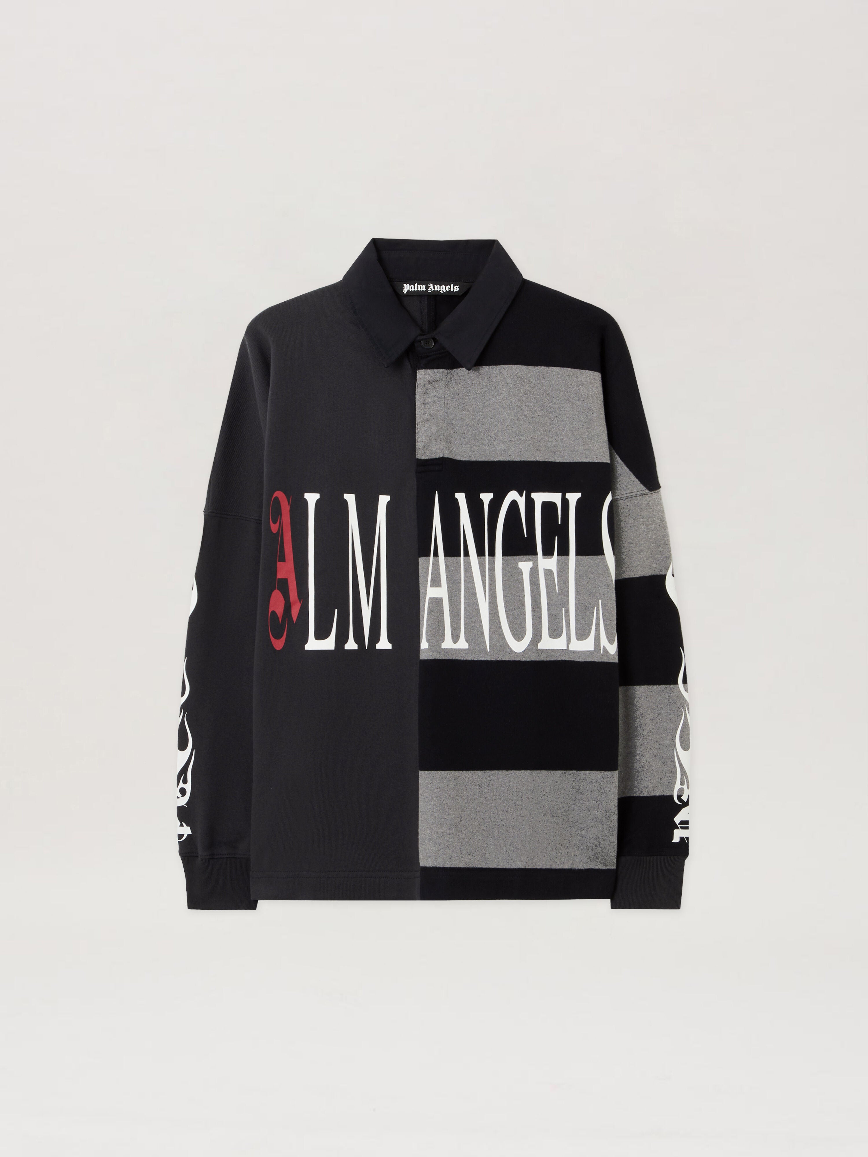 PALM ANGELS Flames Flag Polo Shirt BLACK - GREY MELANGE PMGC01BF25FAB001