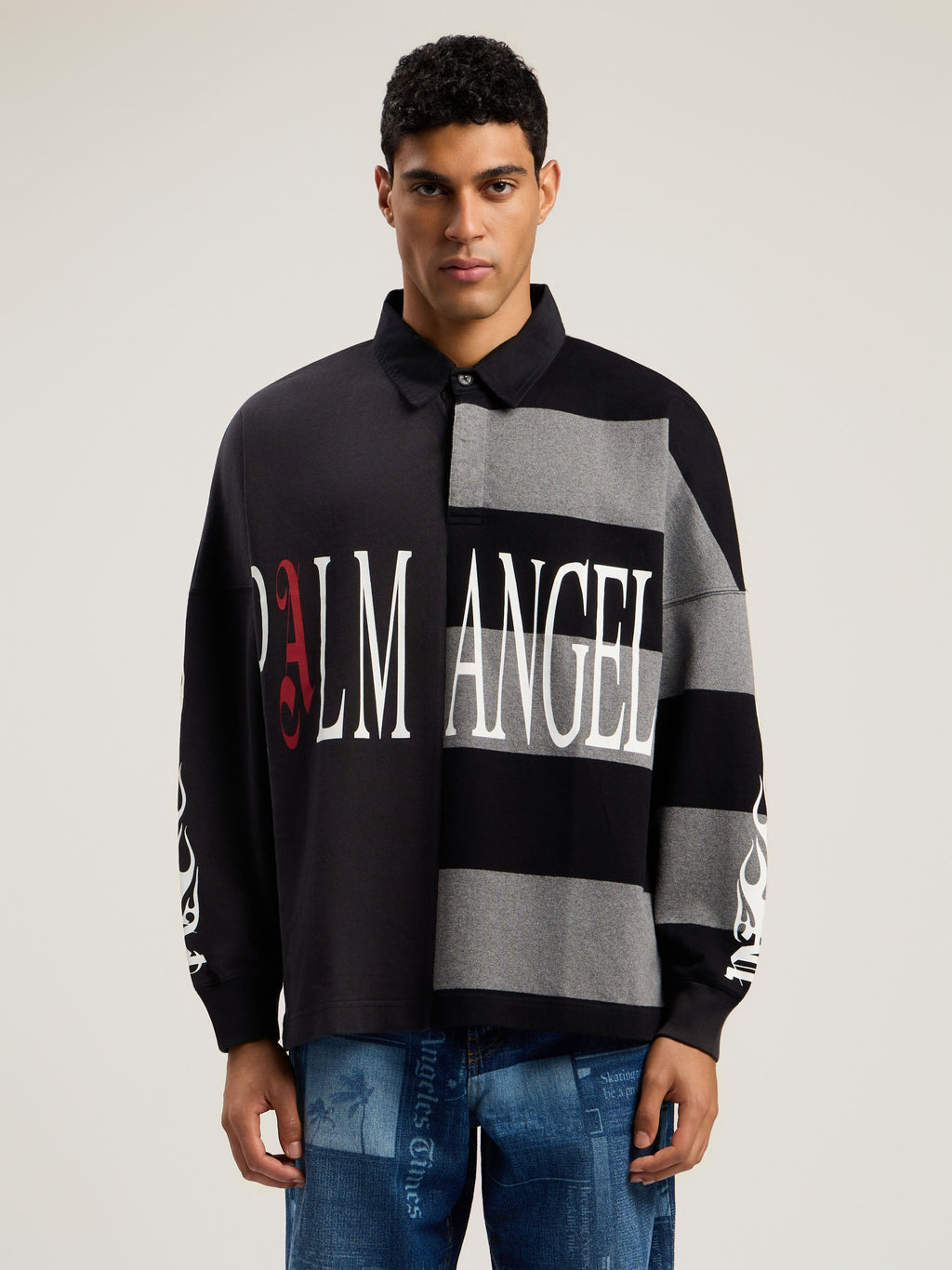 PALM ANGELS Flames Flag Polo Shirt BLACK - GREY MELANGE PMGC01BF25FAB001