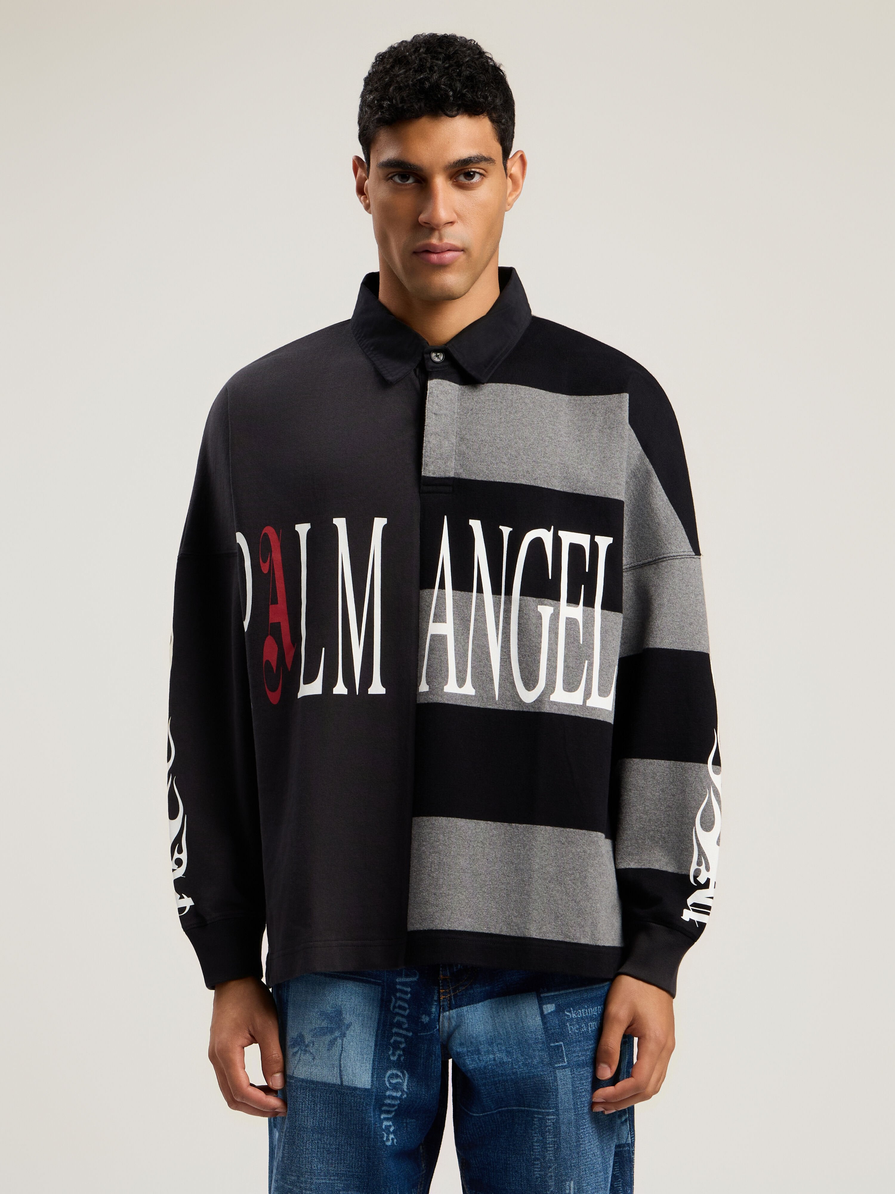 PALM ANGELS Flames Flag Polo Shirt BLACK - GREY MELANGE PMGC01BF25FAB001