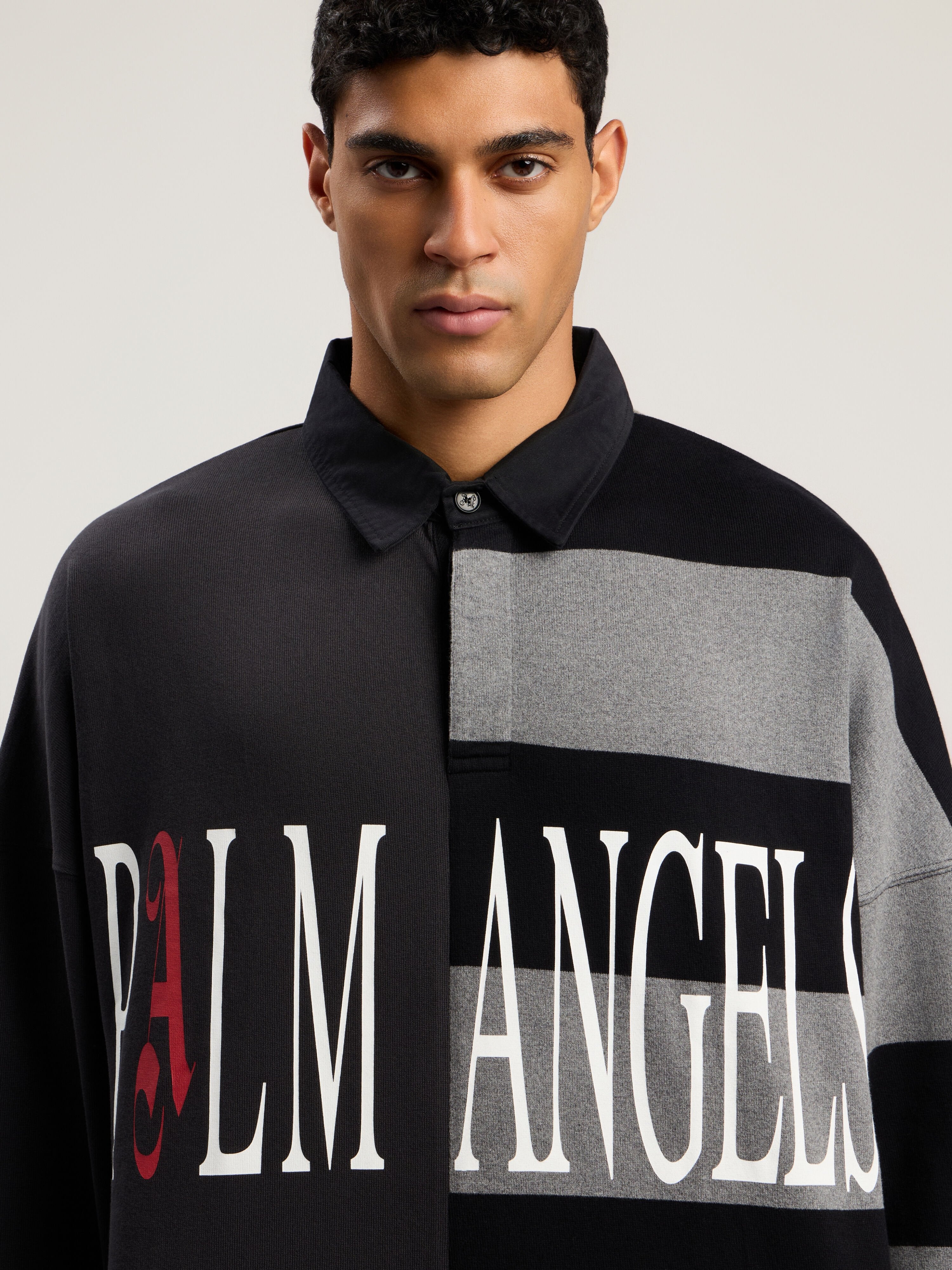 PALM ANGELS Flames Flag Polo Shirt BLACK - GREY MELANGE PMGC01BF25FAB001