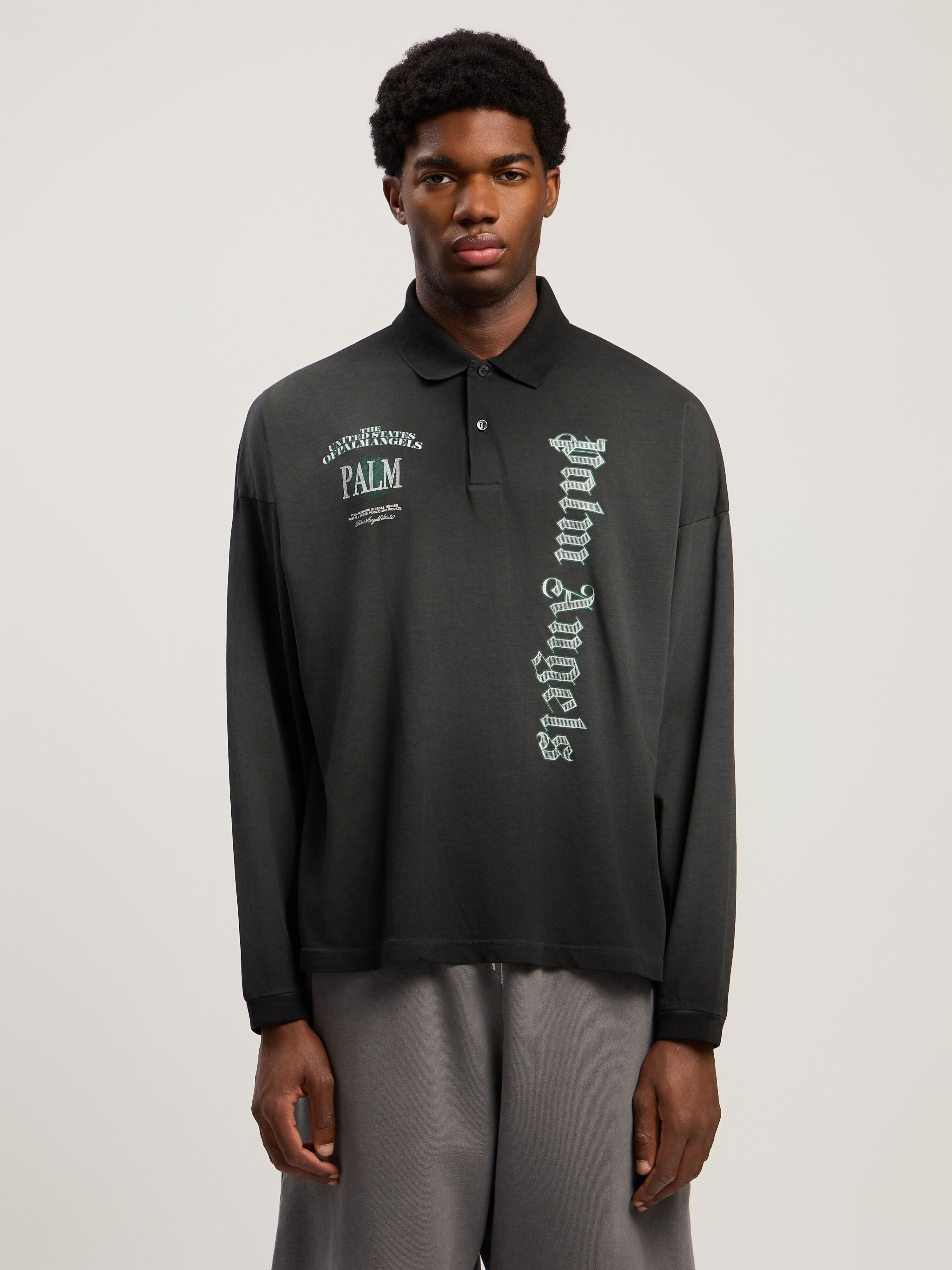 PALM ANGELS Dollar Logo Long Sleeve Polo VINTAGE BLACK - LIGHT GREY PMGC01CF25JER001