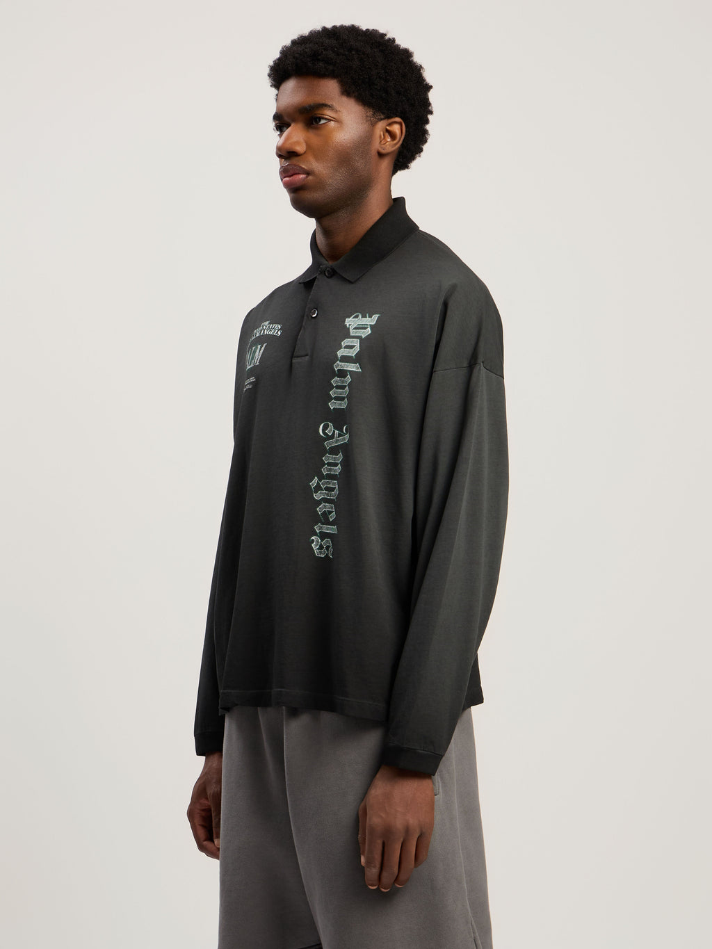 PALM ANGELS Dollar Logo Long Sleeve Polo VINTAGE BLACK - LIGHT GREY PMGC01CF25JER001