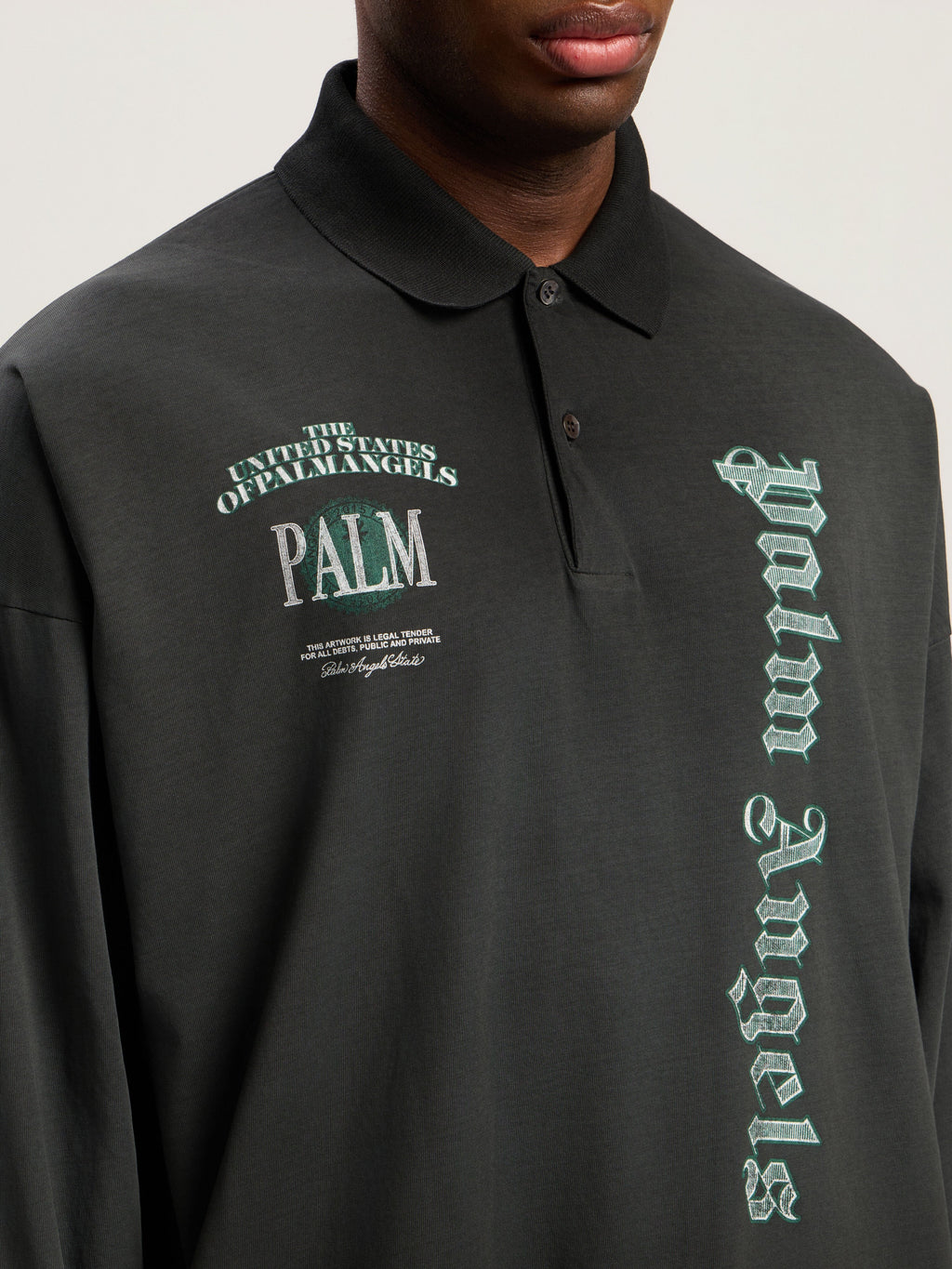 PALM ANGELS Dollar Logo Long Sleeve Polo VINTAGE BLACK - LIGHT GREY PMGC01CF25JER001