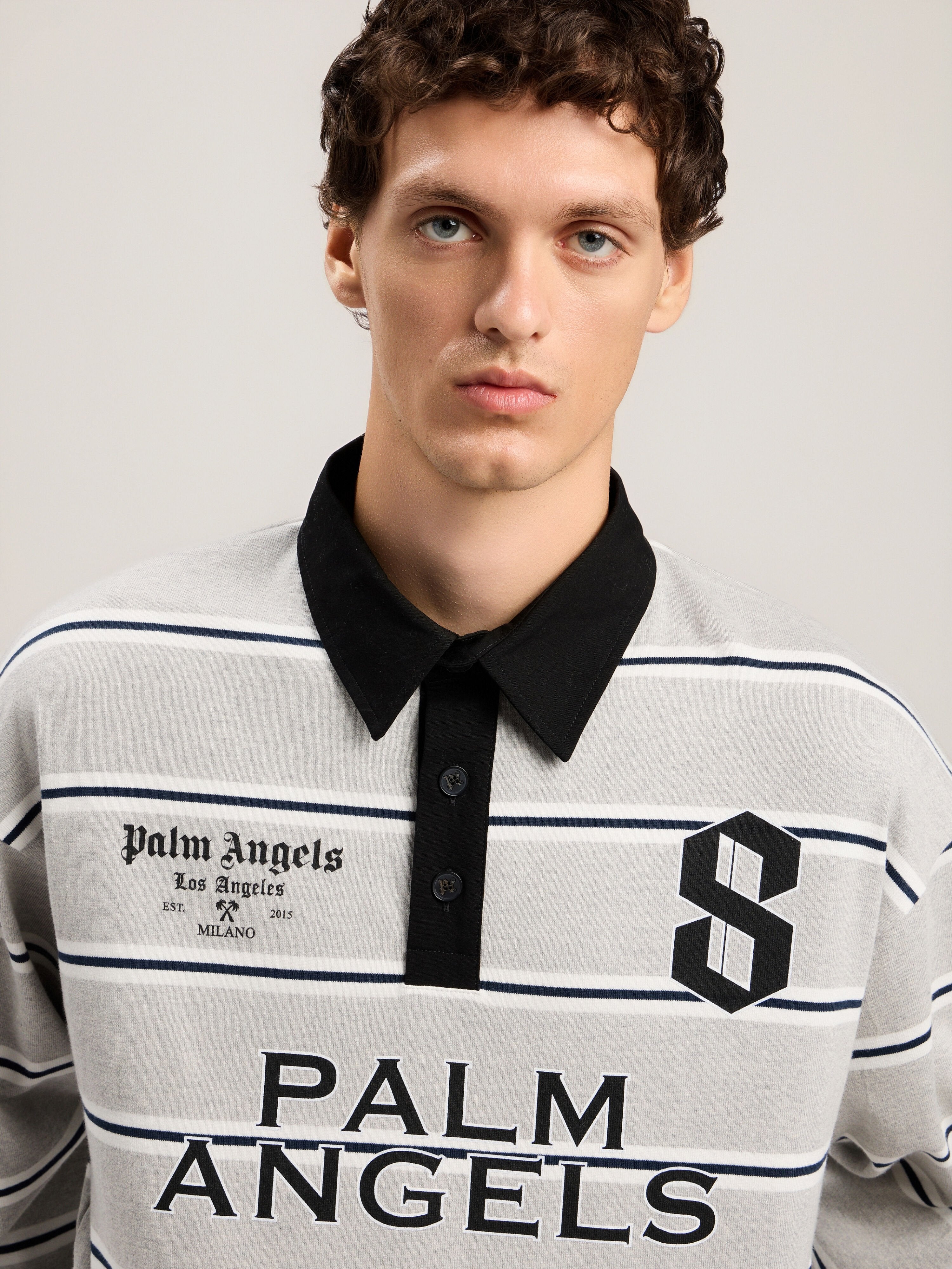 PALM ANGELS Palm Sport Long-Sleeved Polo Shirt MELANGE GREY BLACK PMGC01DS26FAB001