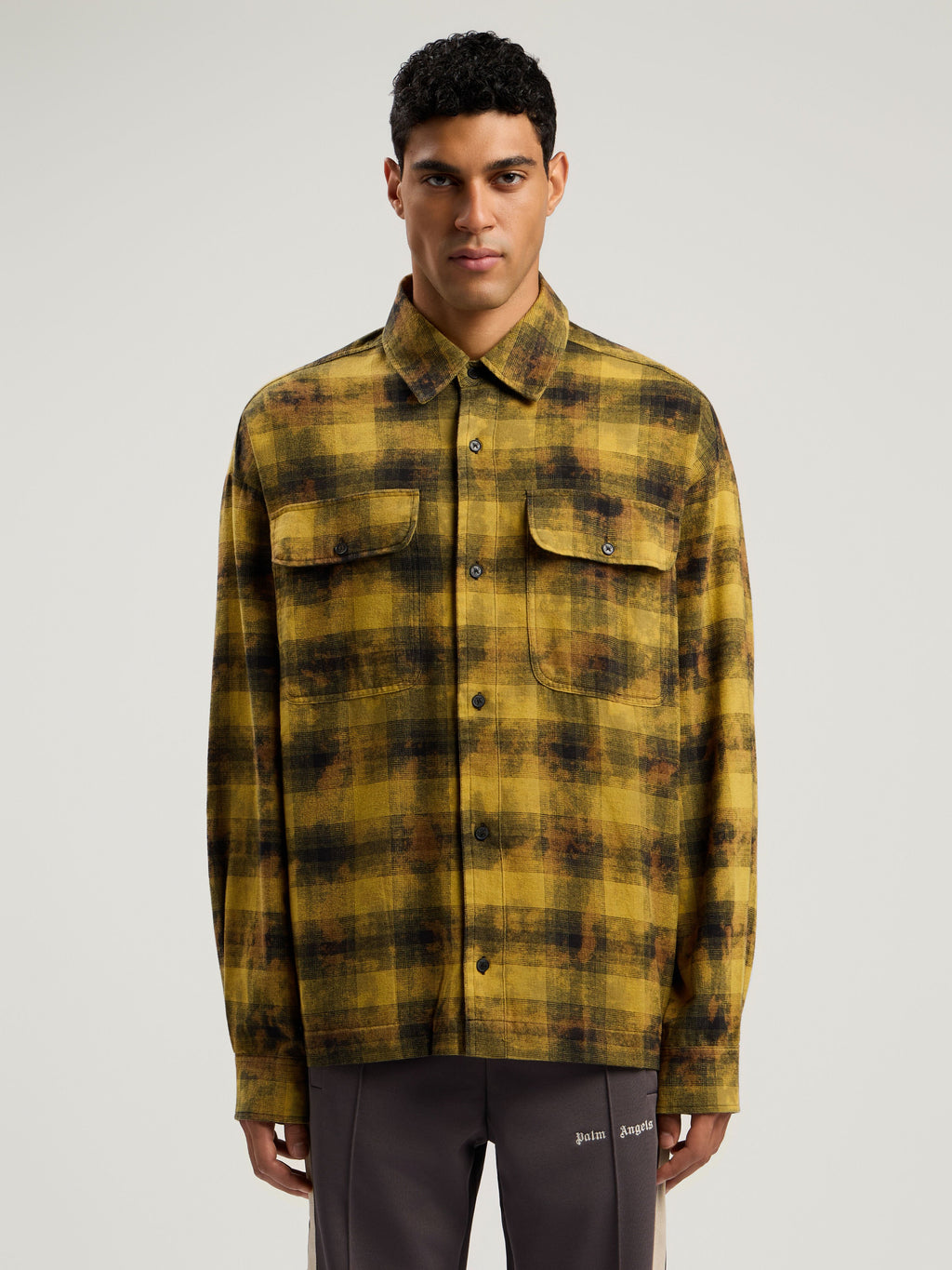 PALM ANGELS Curved Logo Check Shirt ARMY GREEN - BLACK PMGE043F25FAB002