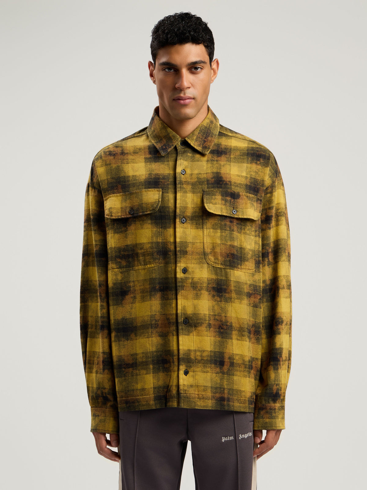 PALM ANGELS Curved Logo Check Shirt ARMY GREEN - BLACK PMGE043F25FAB002