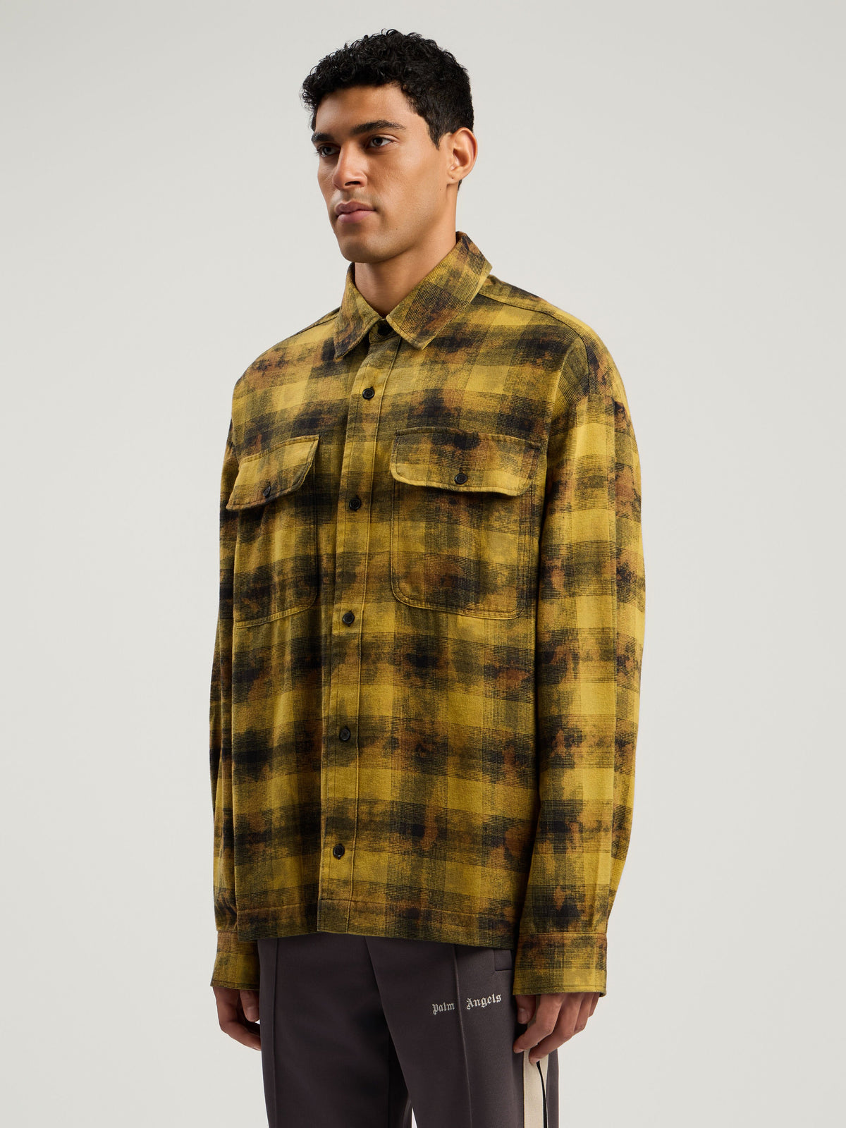 PALM ANGELS Curved Logo Check Shirt ARMY GREEN - BLACK PMGE043F25FAB002