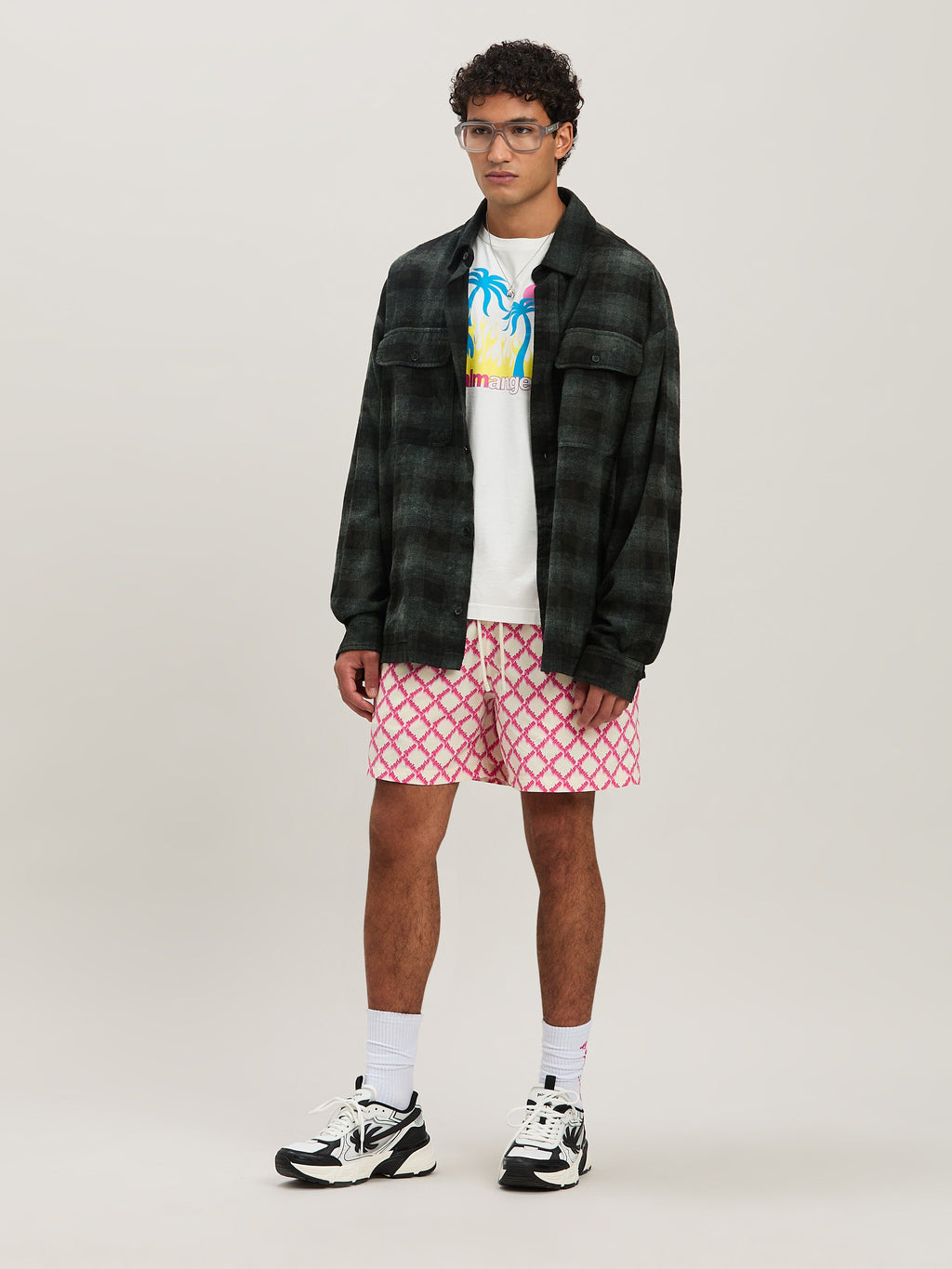 PALM ANGELS  M CURVED LOGO CHECK SHIRT LS MILITARY GR MILITARY GREEN - OFF WHITE PMGE043S25FAB002