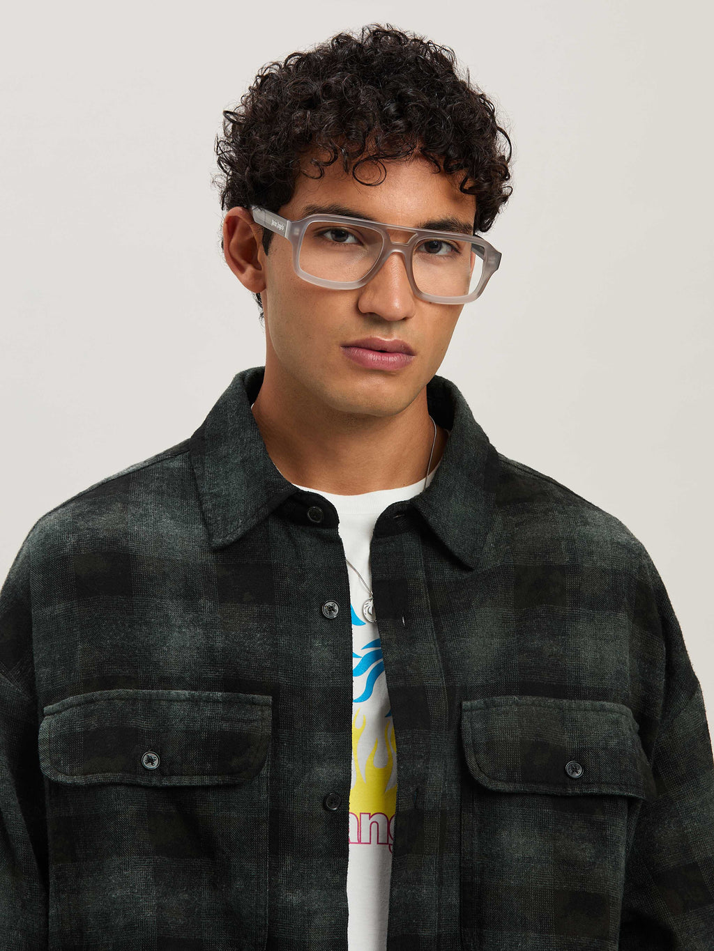 PALM ANGELS  M CURVED LOGO CHECK SHIRT LS MILITARY GR MILITARY GREEN - OFF WHITE PMGE043S25FAB002