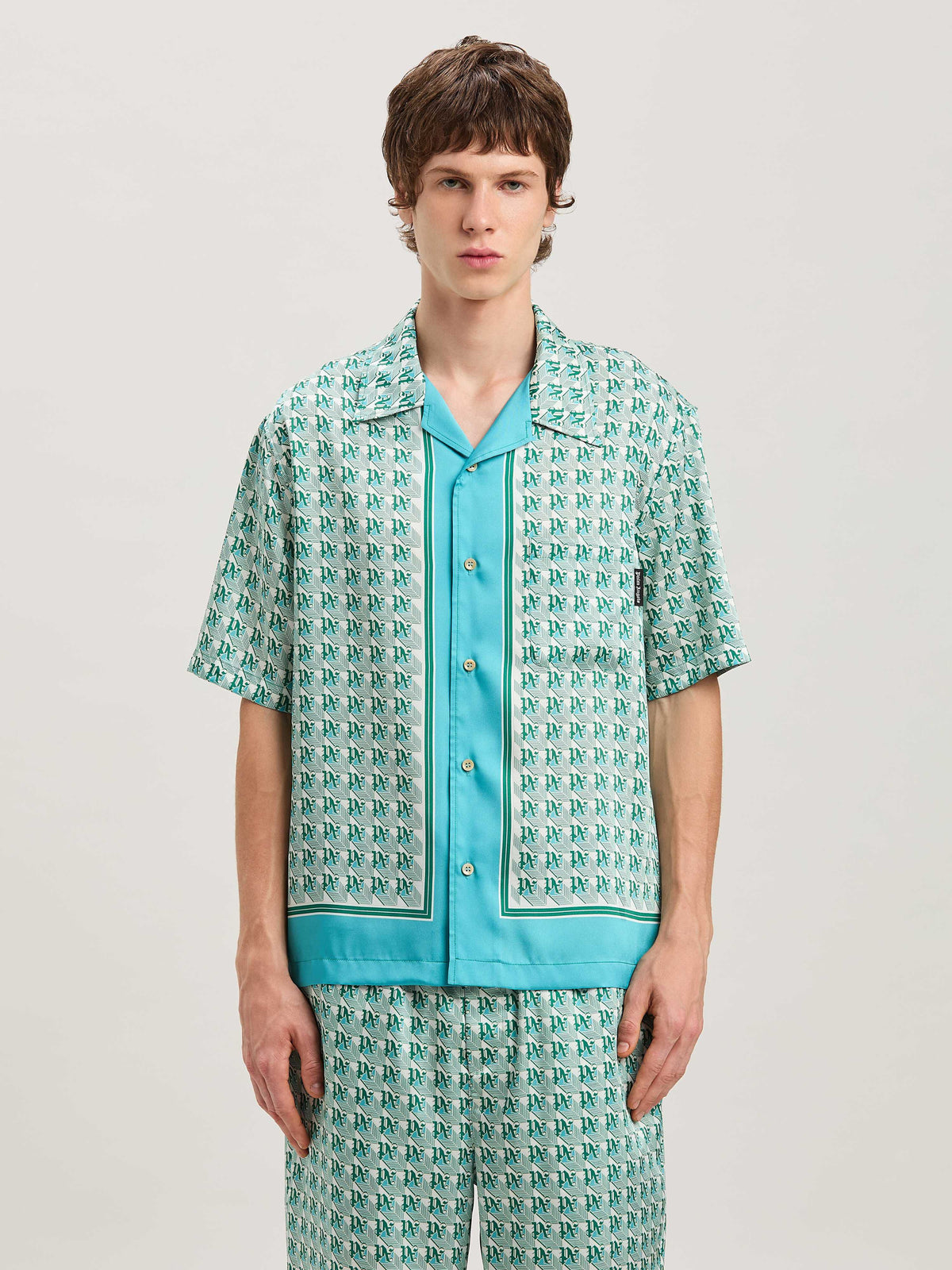 PALM ANGELS  PA DIAMONDS BOWLING SHIRT SS GREEN - IVO GREEN - IVORY PMGG005S25FAB001