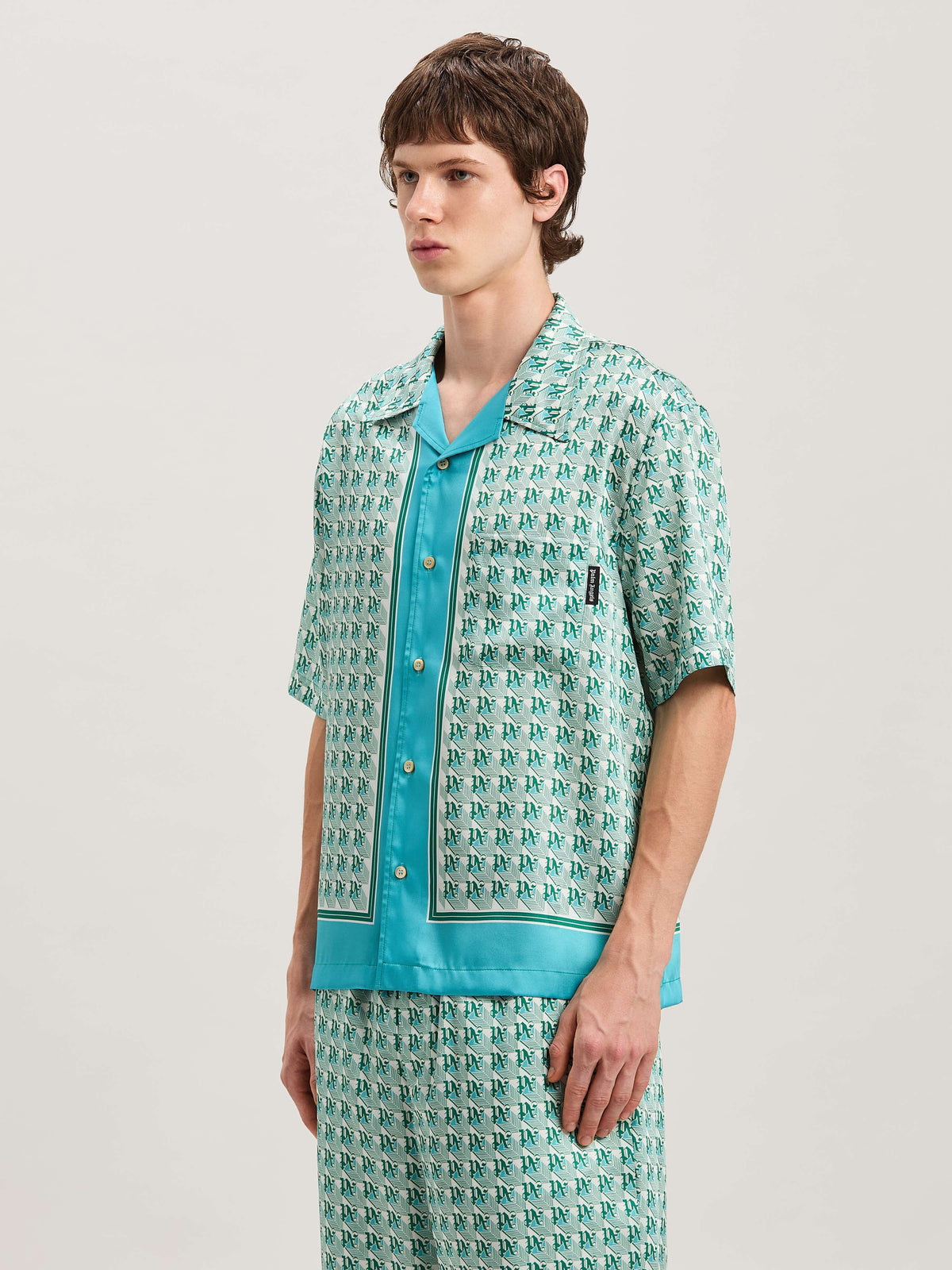 PALM ANGELS  PA DIAMONDS BOWLING SHIRT SS GREEN - IVO GREEN - IVORY PMGG005S25FAB001