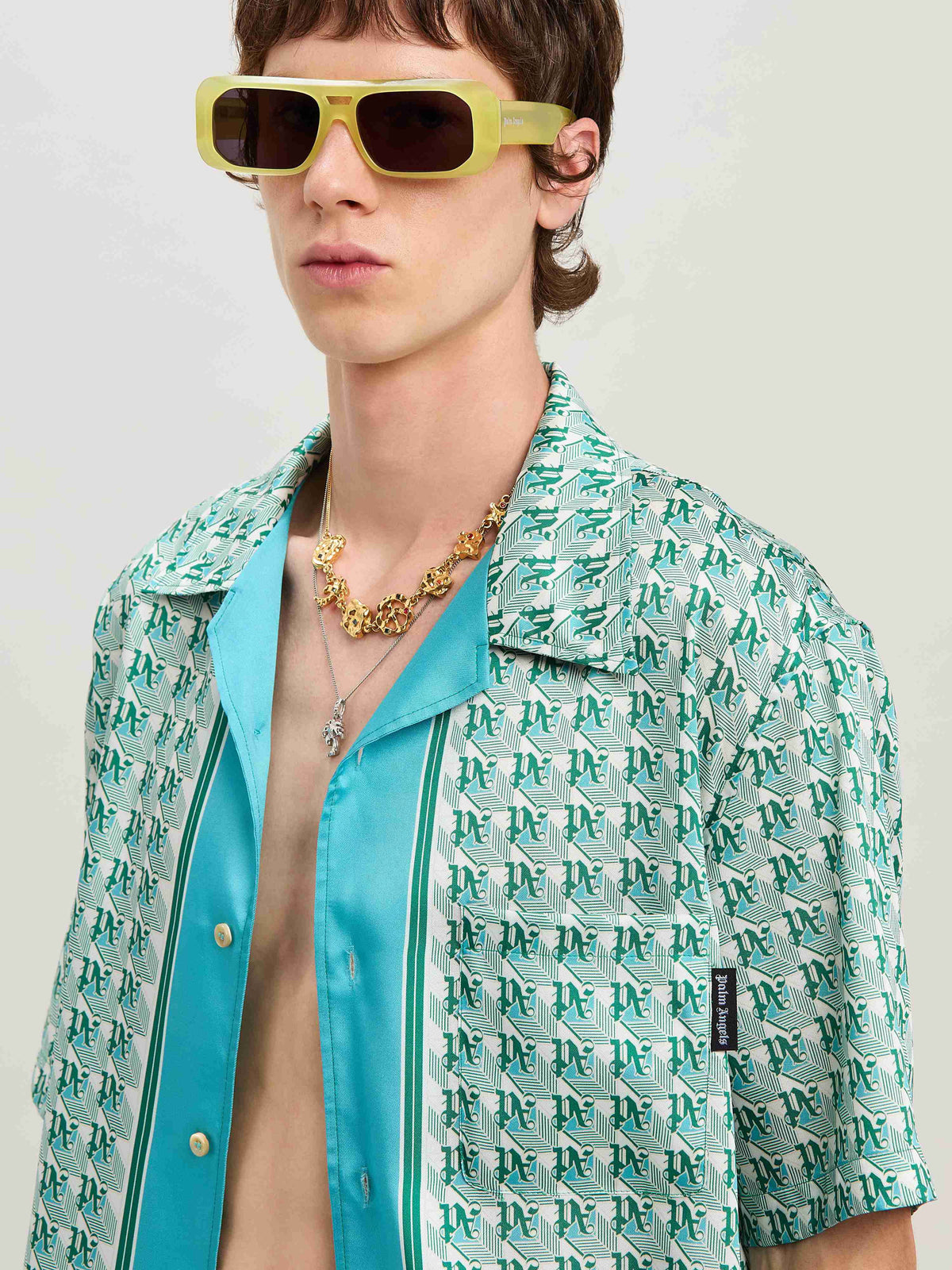 PALM ANGELS  PA DIAMONDS BOWLING SHIRT SS GREEN - IVO GREEN - IVORY PMGG005S25FAB001