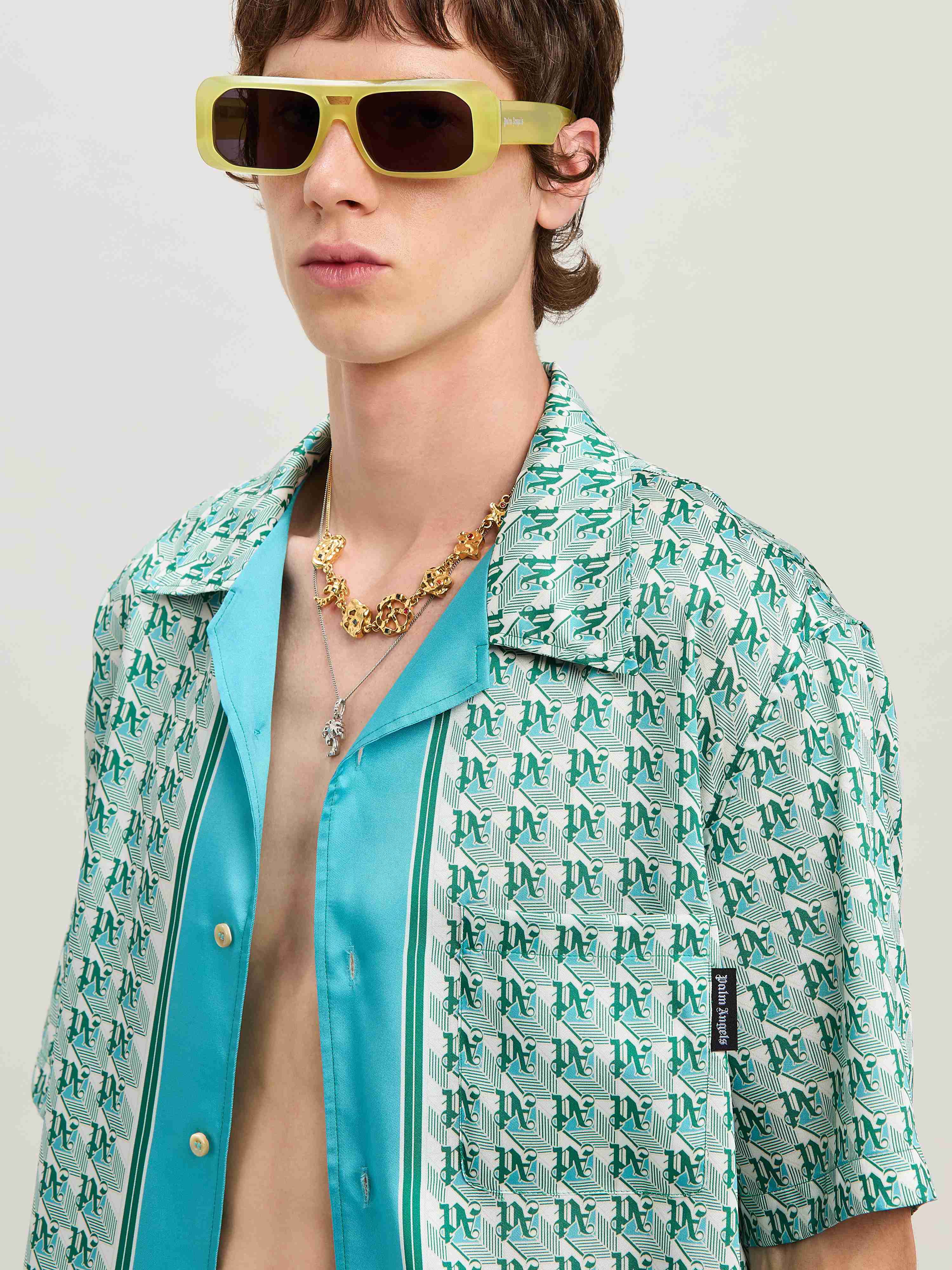PALM ANGELS  PA DIAMONDS BOWLING SHIRT SS GREEN - IVO GREEN - IVORY PMGG005S25FAB001