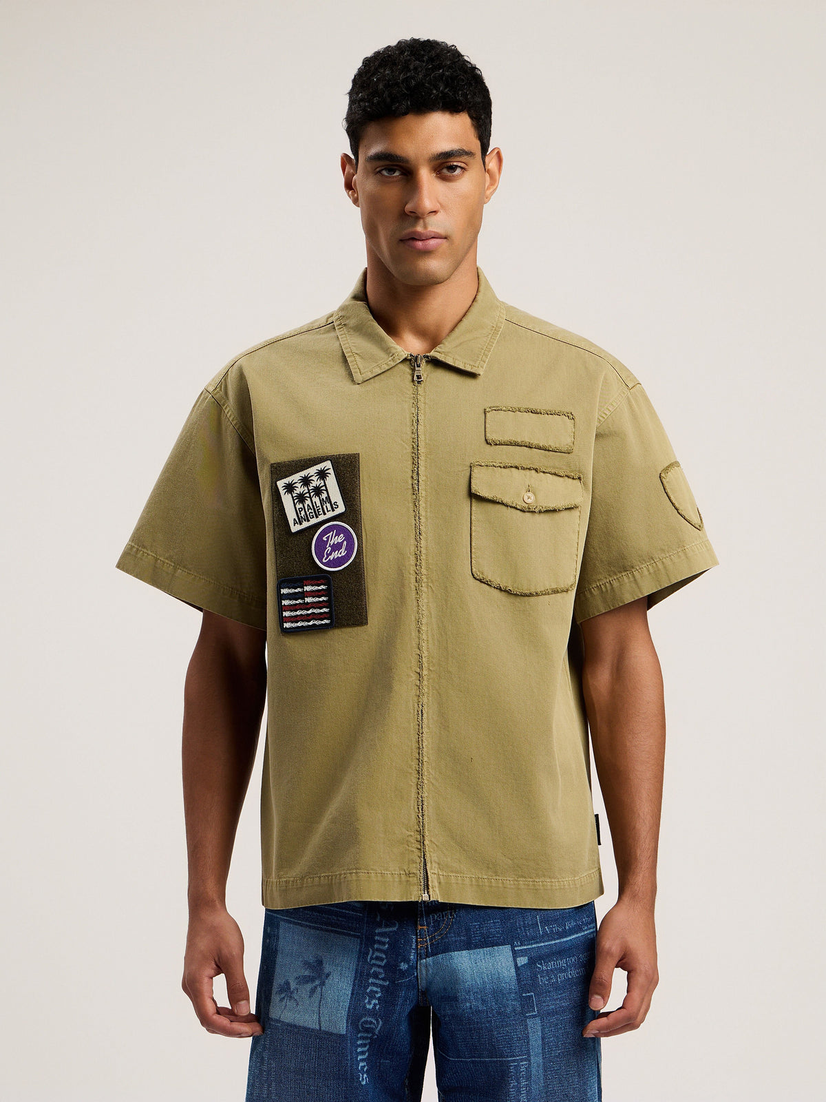 PALM ANGELS Military Patch Zipped Shirt ARMY GREEN - MULTICOLOR PMGG00BF25FAB001