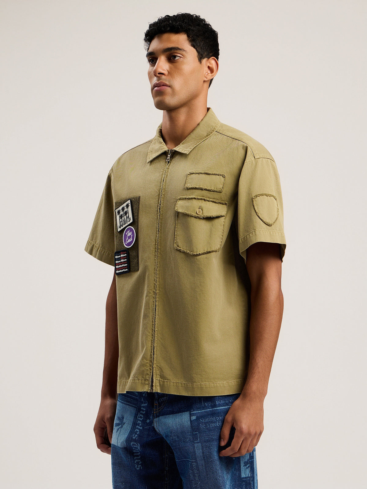 PALM ANGELS Military Patch Zipped Shirt ARMY GREEN - MULTICOLOR PMGG00BF25FAB001