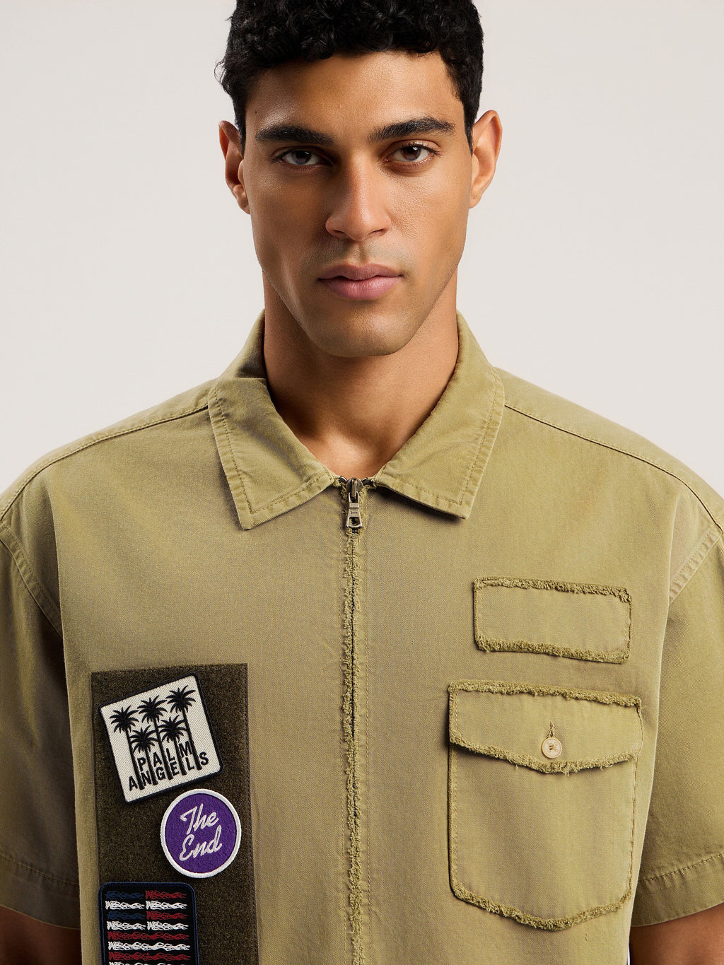 PALM ANGELS Military Patch Zipped Shirt ARMY GREEN - MULTICOLOR PMGG00BF25FAB001