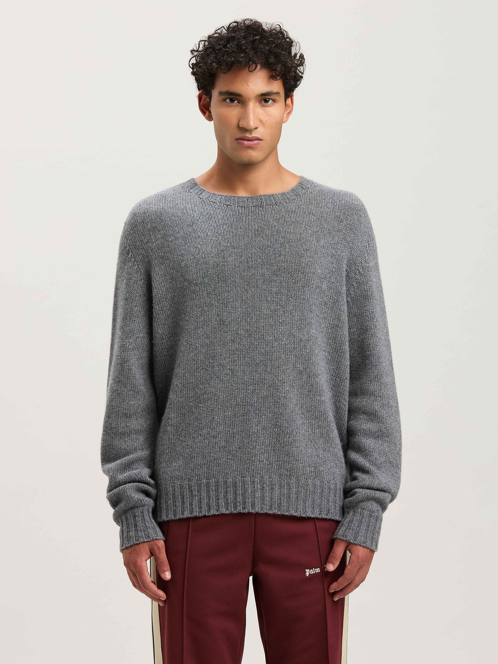 PALM ANGELS  CURVED LOGO SWEATER GREY MELANGE - OFF W GREY MELANGE - OFF WHITE PMHE027S25KNI001