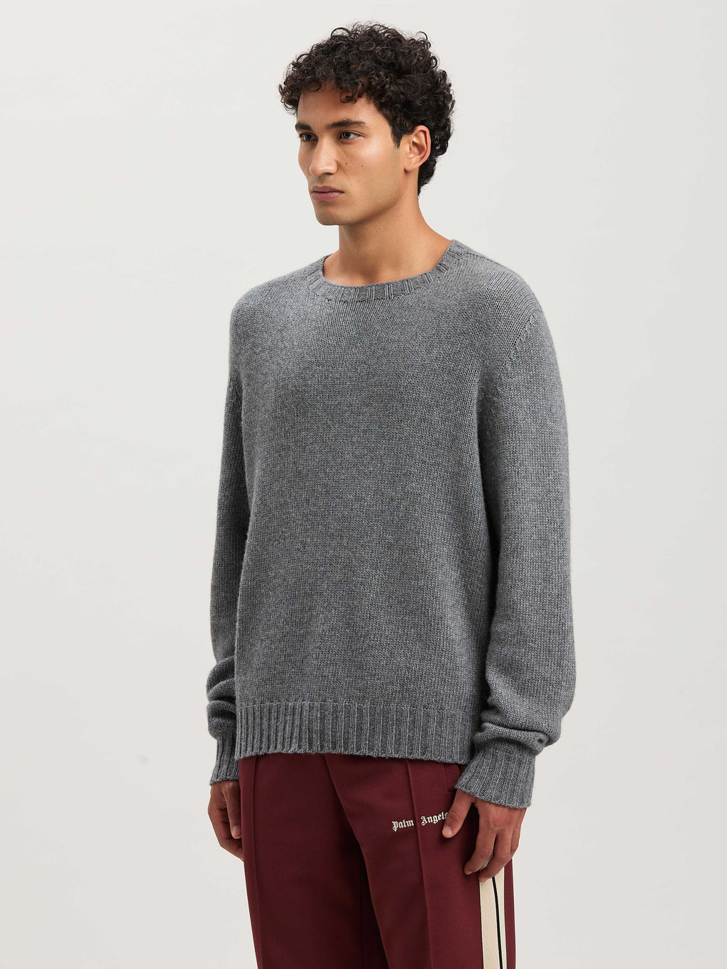 PALM ANGELS  CURVED LOGO SWEATER GREY MELANGE - OFF W GREY MELANGE - OFF WHITE PMHE027S25KNI001