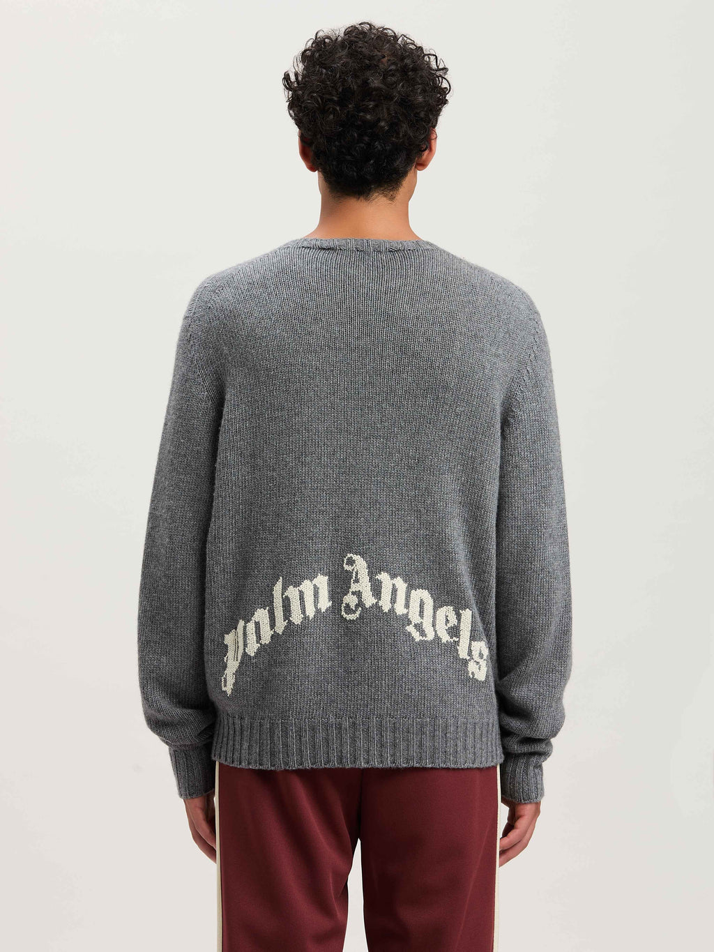 PALM ANGELS  CURVED LOGO SWEATER GREY MELANGE - OFF W GREY MELANGE - OFF WHITE PMHE027S25KNI001