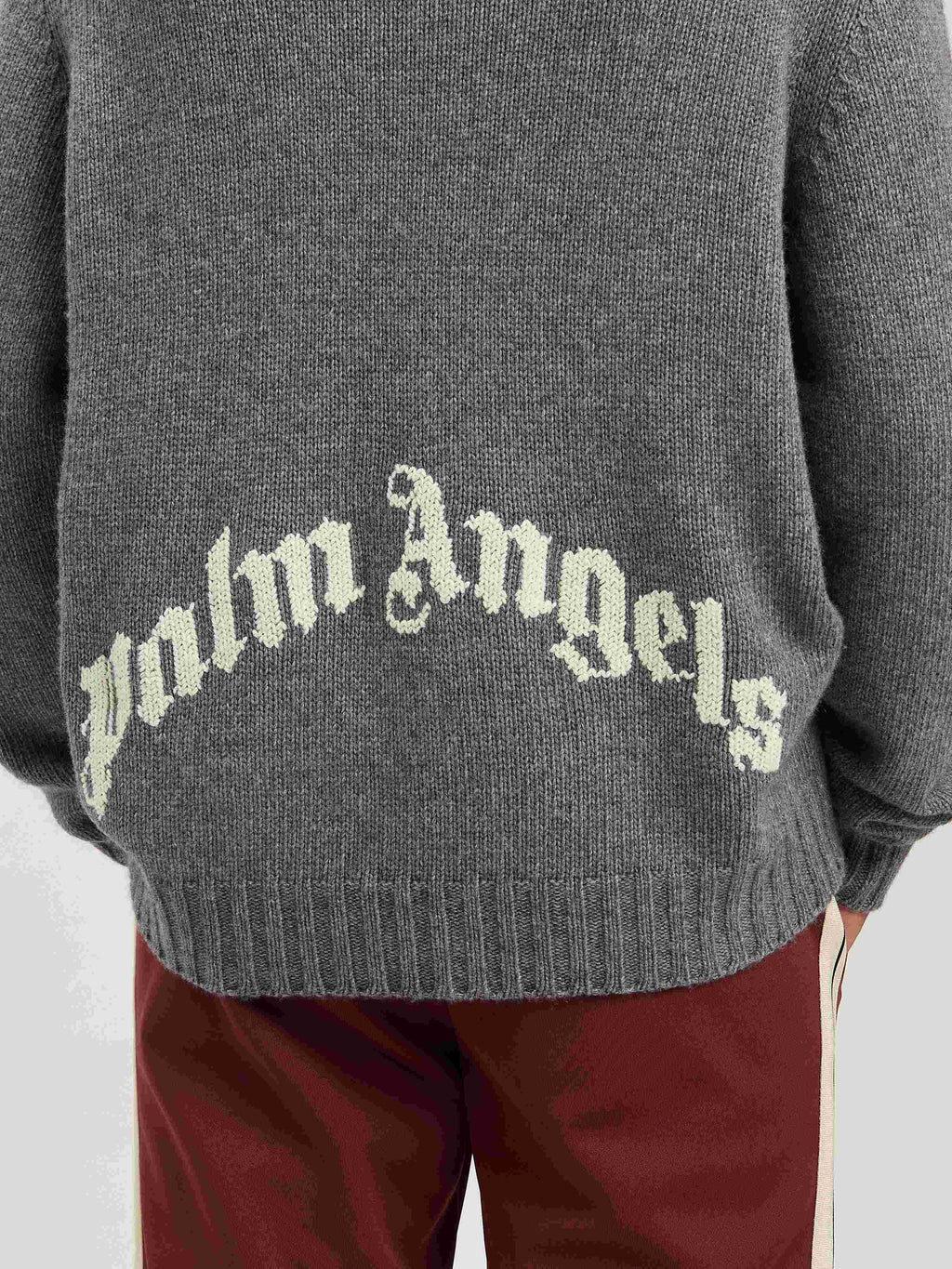 PALM ANGELS  CURVED LOGO SWEATER GREY MELANGE - OFF W GREY MELANGE - OFF WHITE PMHE027S25KNI001