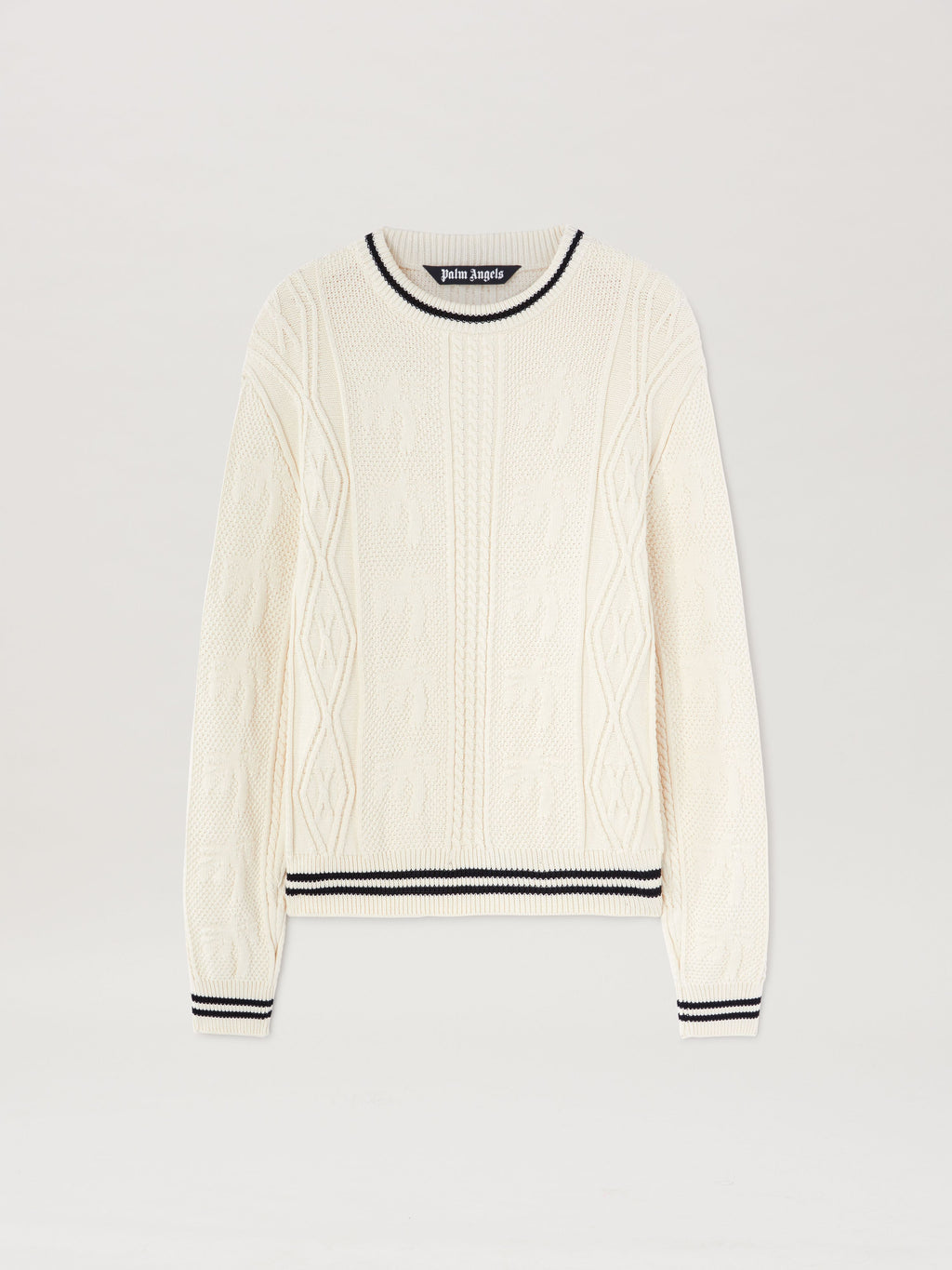PALM ANGELS  CURVED LOGO CABLE SWEATER OFF WHITE - BL OFF WHITE - BLACK PMHE058S25KNI002