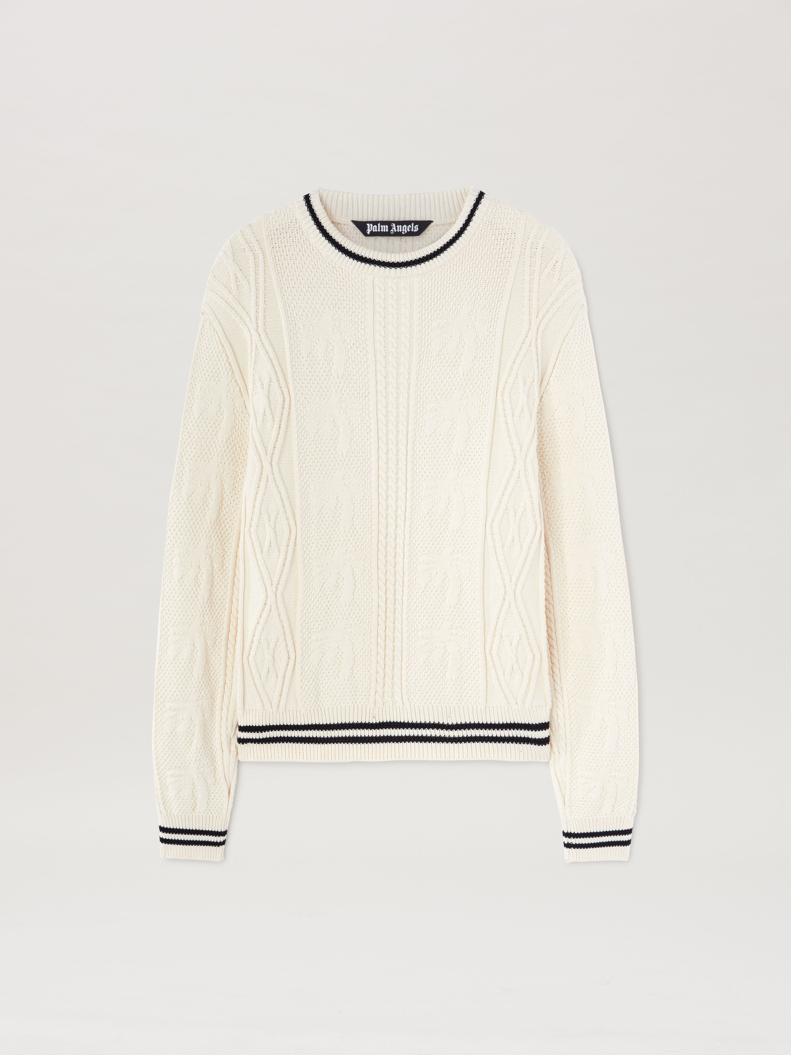 PALM ANGELS  CURVED LOGO CABLE SWEATER OFF WHITE - BL OFF WHITE - BLACK PMHE058S25KNI002