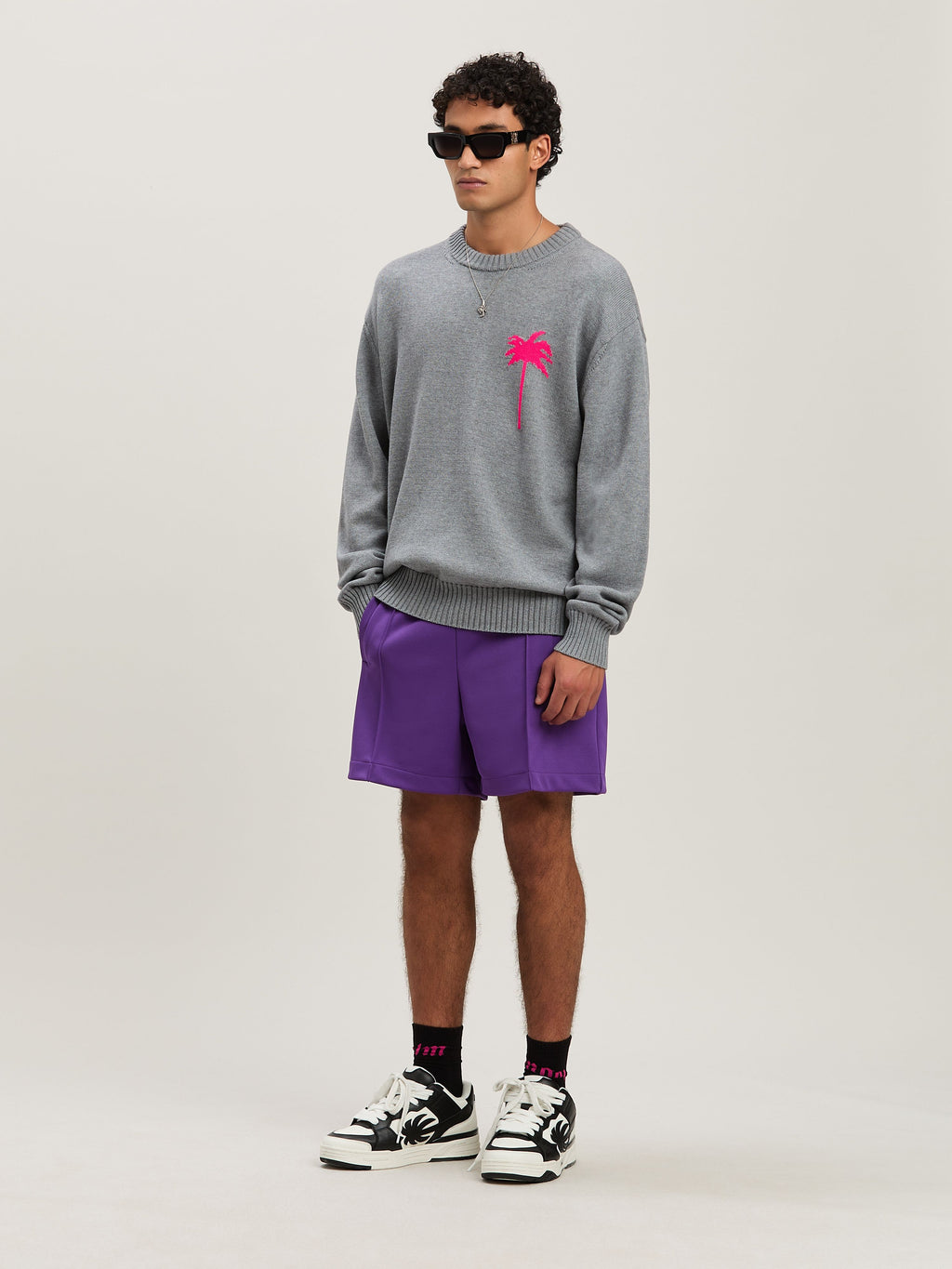 PALM ANGELS  BACK PALMS KNIT SWEATER GREY MELANGE - F GREY MELANGE - FUCHSIA PMHE080S25KNI001