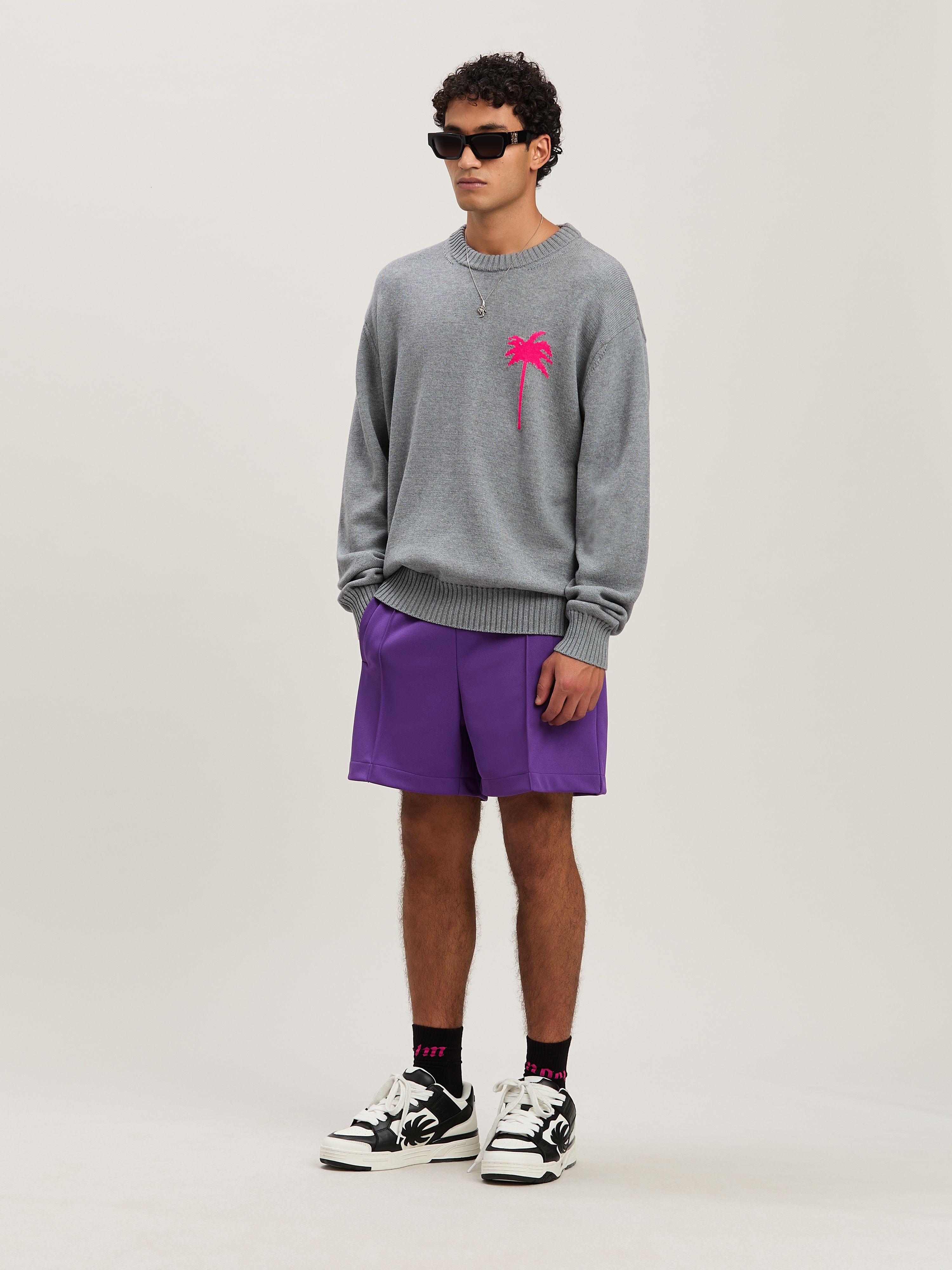 PALM ANGELS  BACK PALMS KNIT SWEATER GREY MELANGE - F GREY MELANGE - FUCHSIA PMHE080S25KNI001