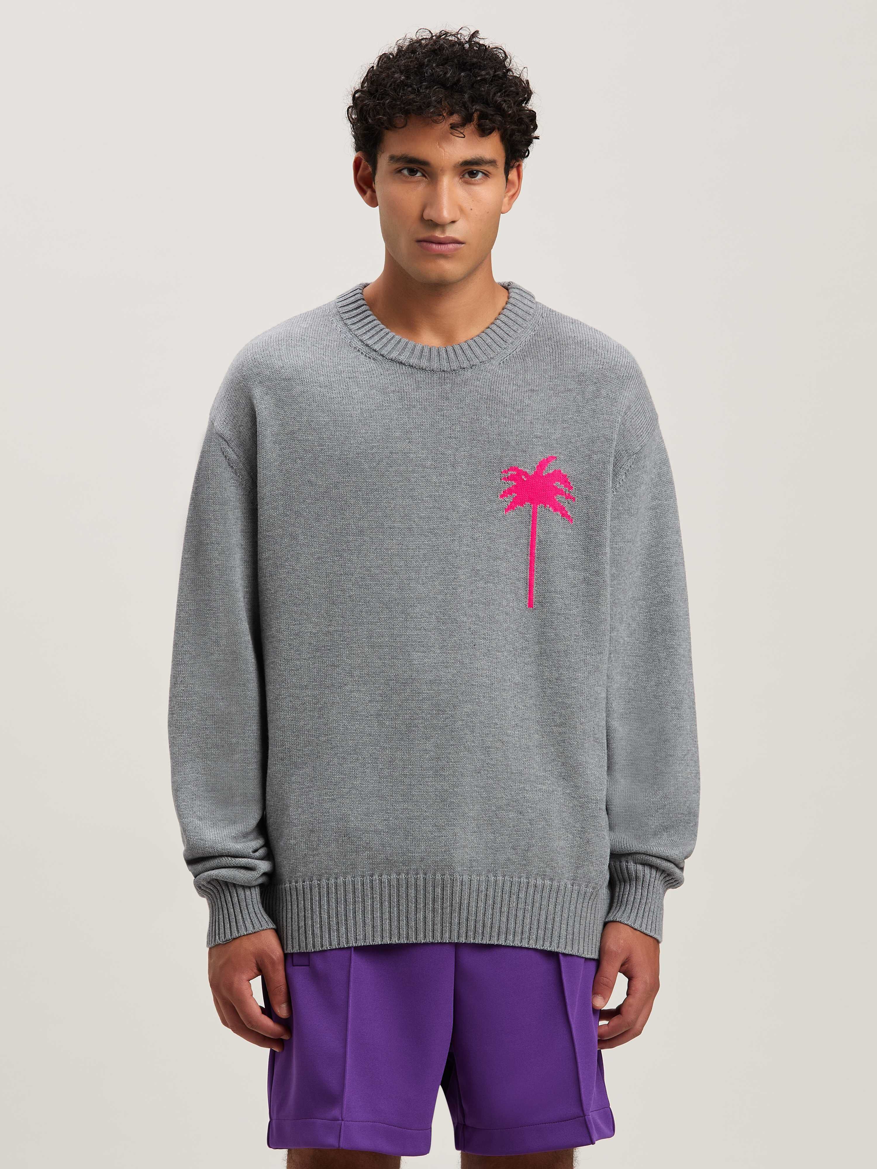 PALM ANGELS  BACK PALMS KNIT SWEATER GREY MELANGE - F GREY MELANGE - FUCHSIA PMHE080S25KNI001