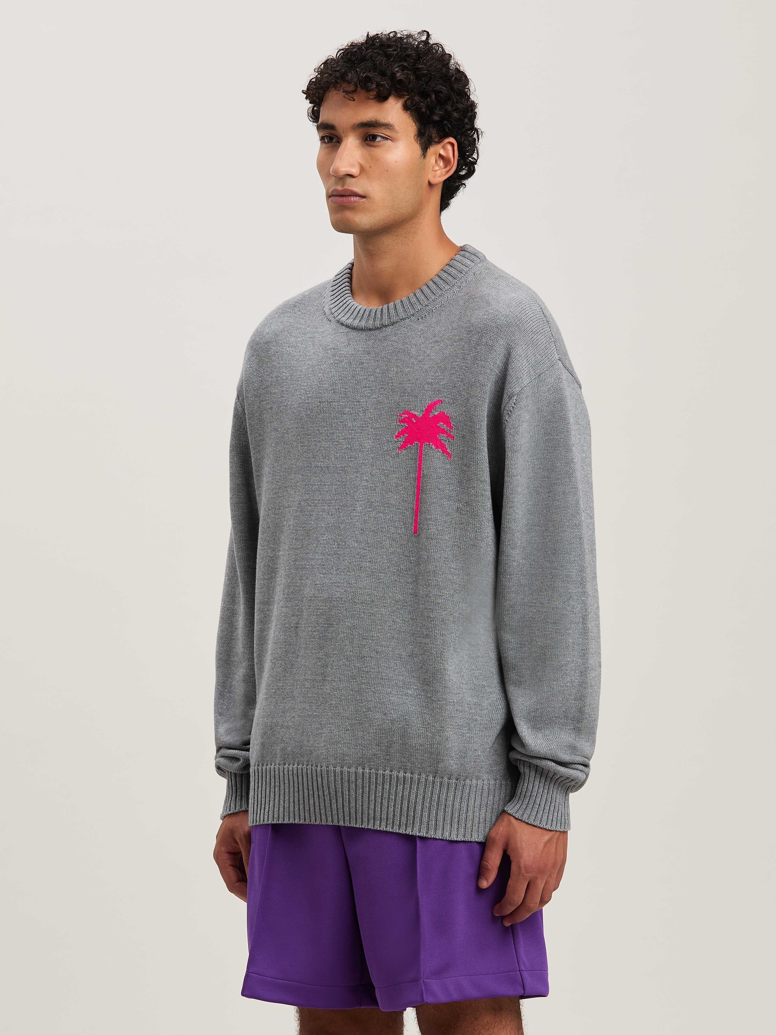 PALM ANGELS  BACK PALMS KNIT SWEATER GREY MELANGE - F GREY MELANGE - FUCHSIA PMHE080S25KNI001
