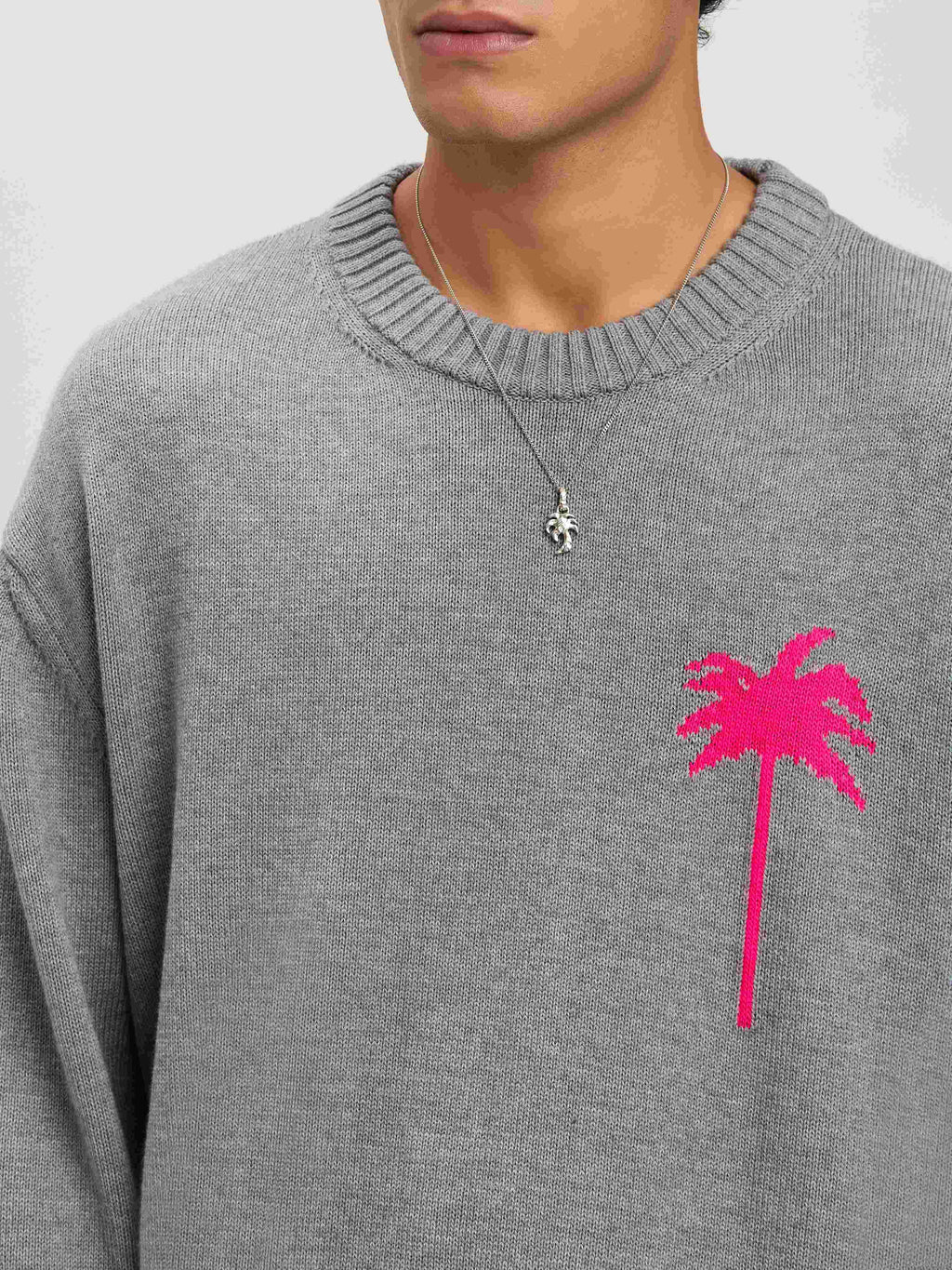 PALM ANGELS  BACK PALMS KNIT SWEATER GREY MELANGE - F GREY MELANGE - FUCHSIA PMHE080S25KNI001
