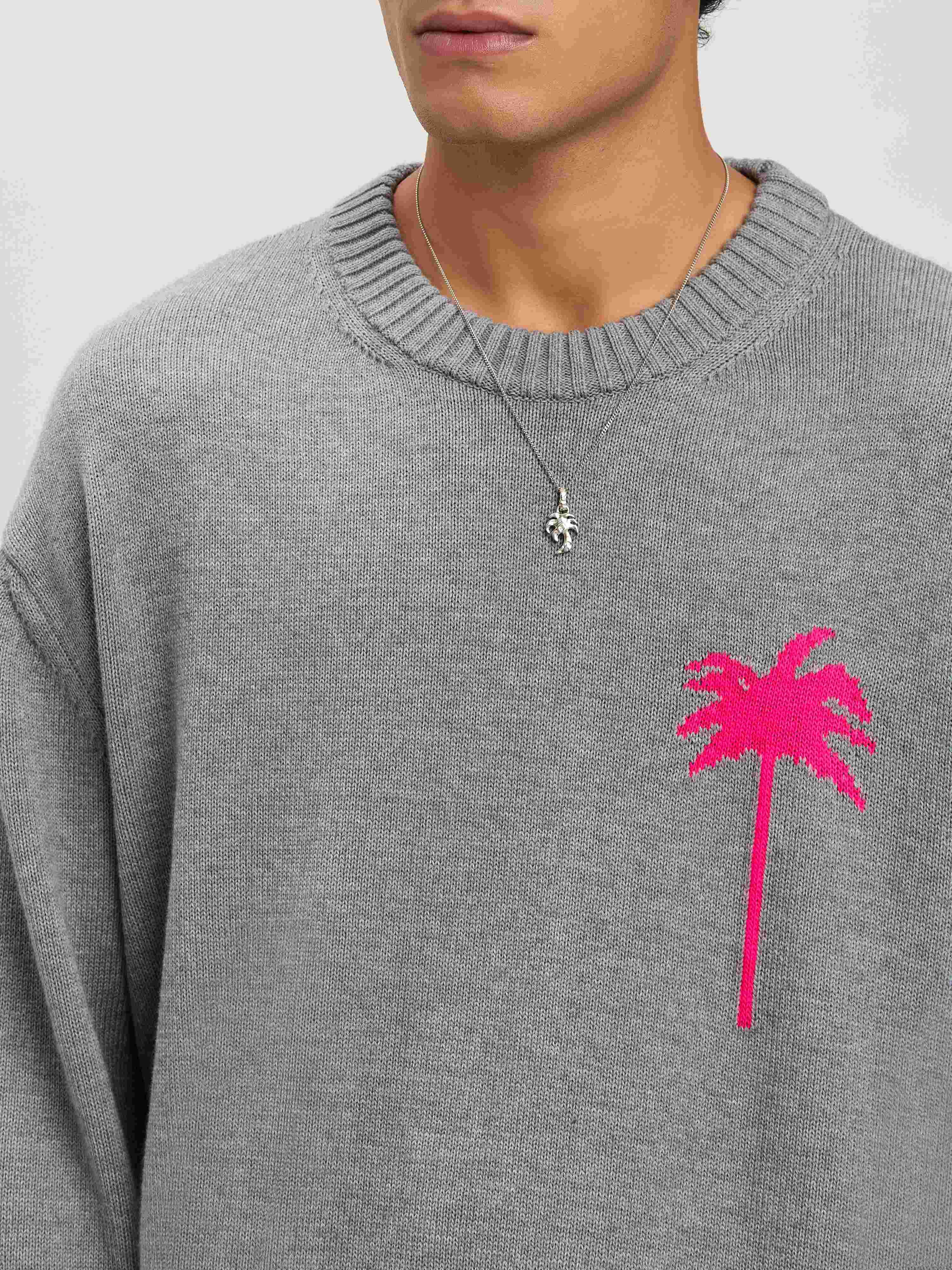 PALM ANGELS  BACK PALMS KNIT SWEATER GREY MELANGE - F GREY MELANGE - FUCHSIA PMHE080S25KNI001