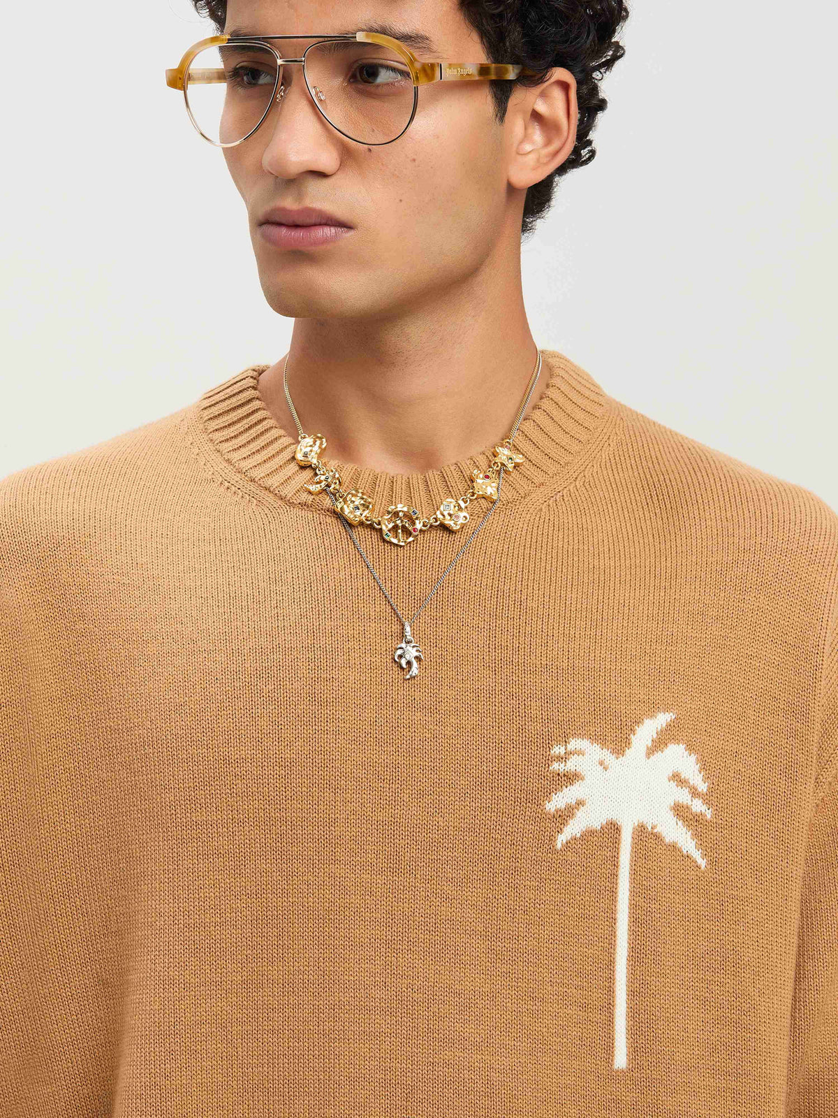 PALM ANGELS  BACK PALMS KNIT SWEATER BEIGE - OFF WHIT BEIGE - OFF WHITE PMHE080S25KNI001