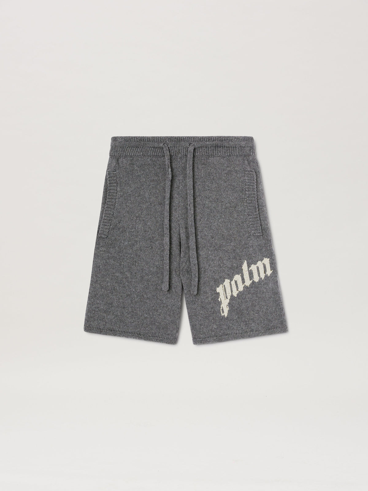 PALM ANGELS  CURVED LOGO KNIT SHORTS GREY MELANGE - O GREY MELANGE - OFF WHITE PMHM011S25KNI001