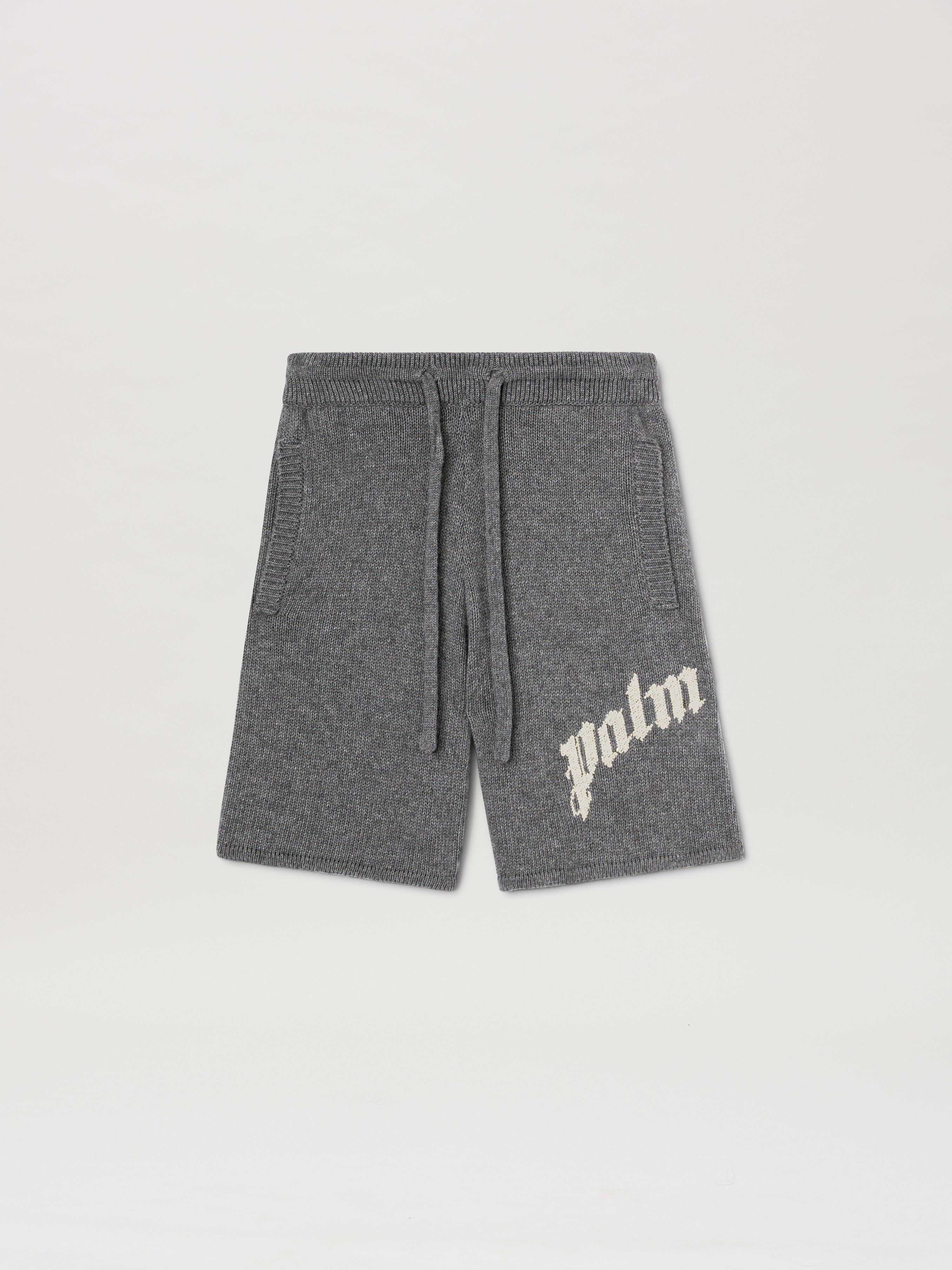 PALM ANGELS  CURVED LOGO KNIT SHORTS GREY MELANGE - O GREY MELANGE - OFF WHITE PMHM011S25KNI001